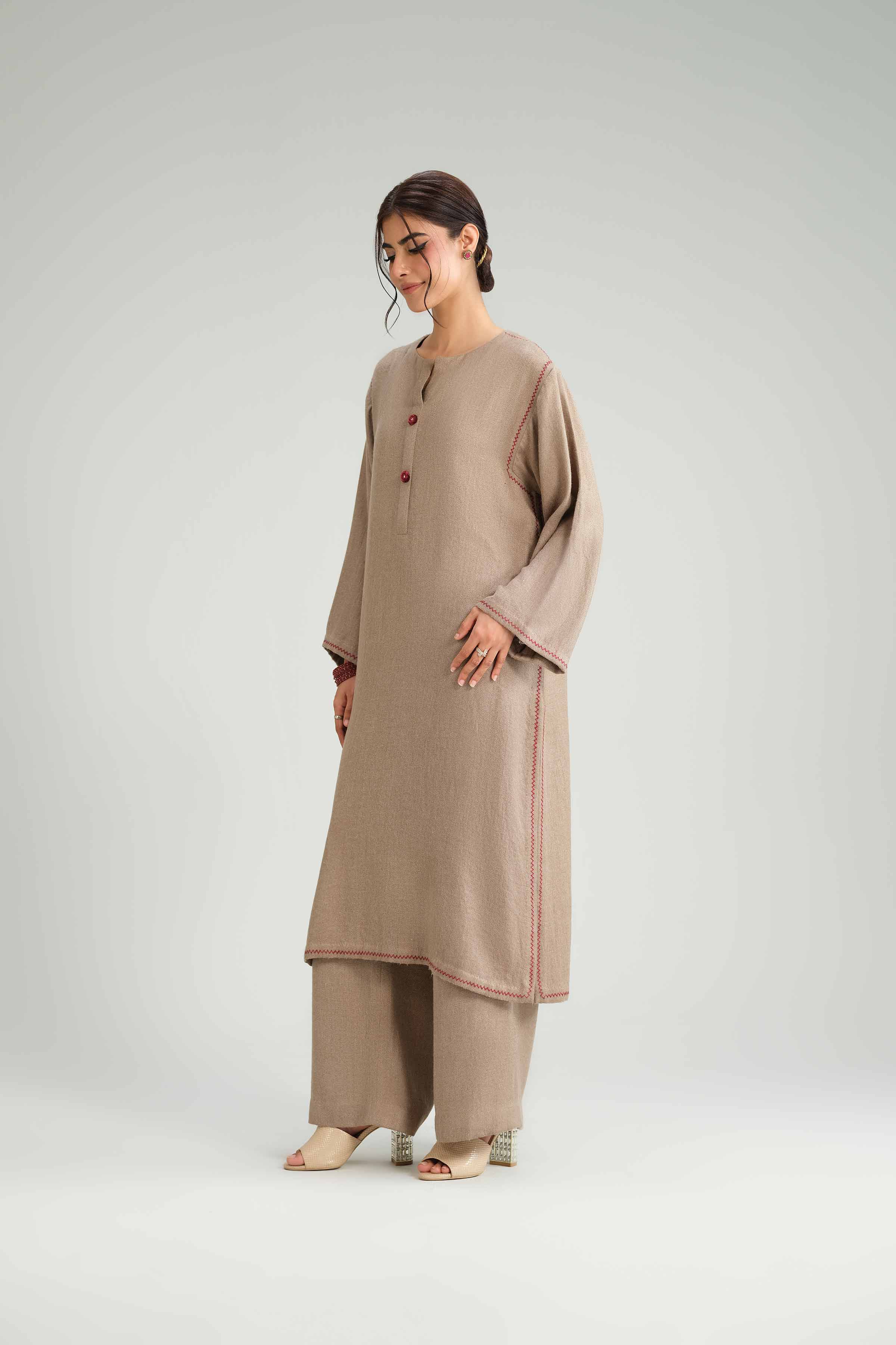 2 Piece - Embroidered Suit - KFW25-203 READY TO WEAR Brown Wool 2PC Embroidered