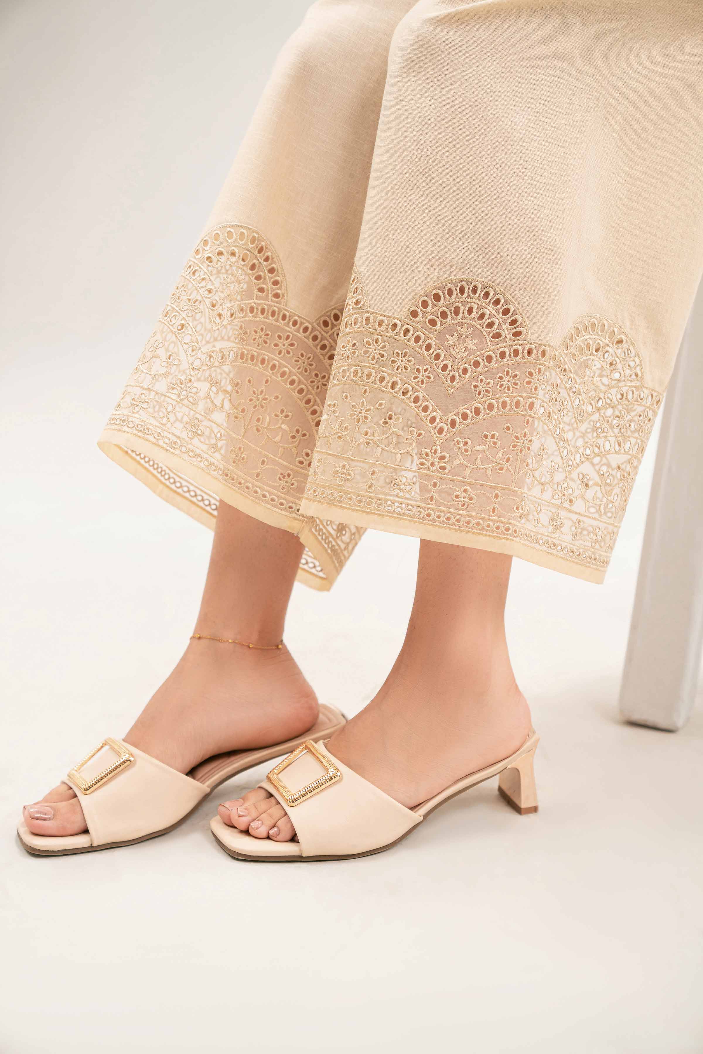 Embroidered Culottes - KFW25-211 READY TO WEAR - LUXURY Beige Karandi 1PC Embroidered