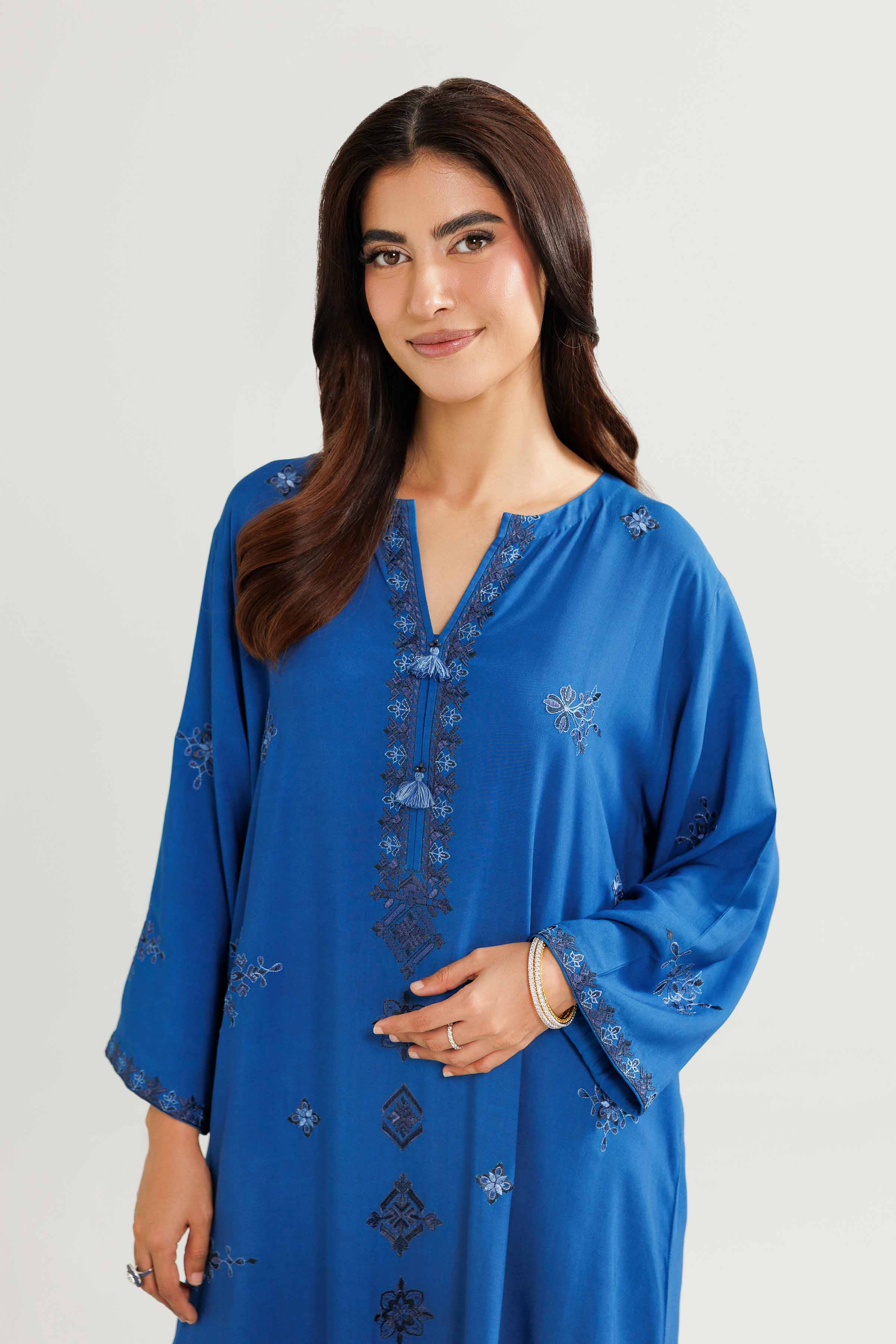 2 Piece - Embroidered Suit - KFW25-212 READY TO WEAR - LUXURY Blue Linen 2PC Embroidered