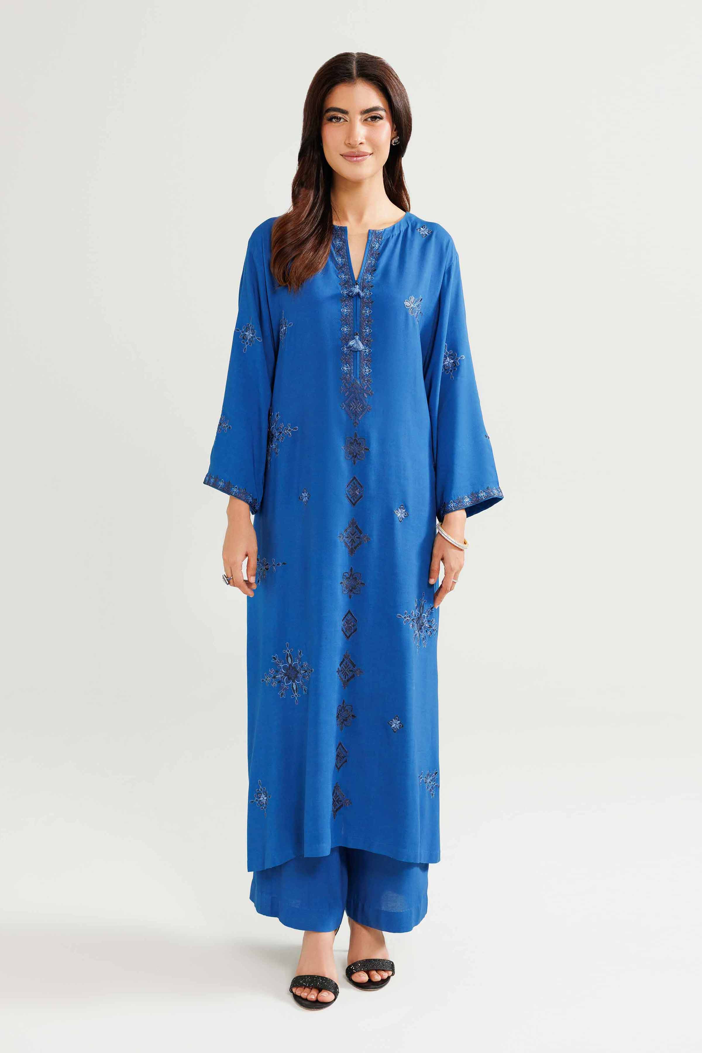 2 Piece - Embroidered Suit - KFW25-212 READY TO WEAR - LUXURY Blue Linen 2PC Embroidered