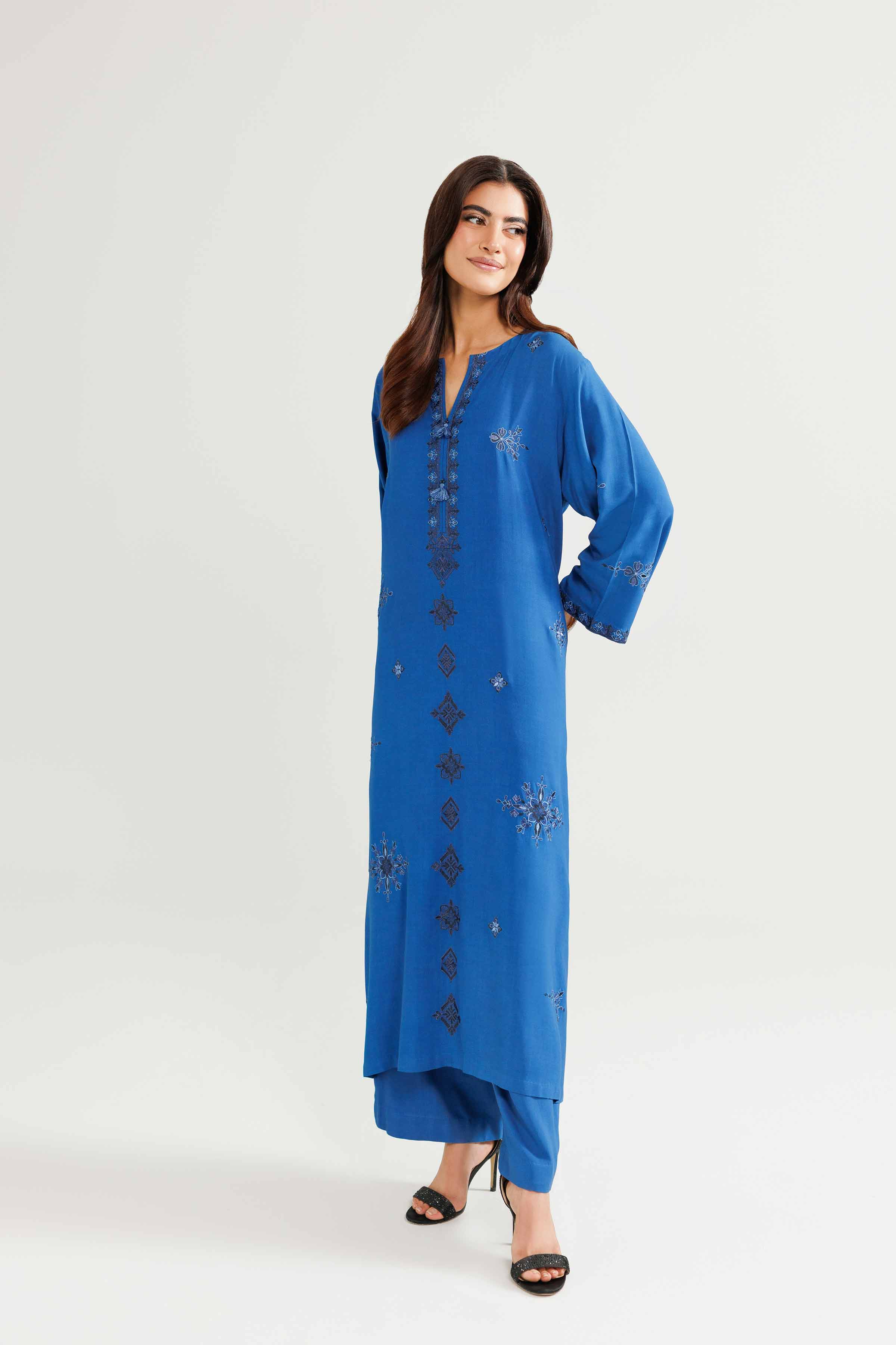2 Piece - Embroidered Suit - KFW25-212 READY TO WEAR - LUXURY Blue Linen 2PC Embroidered