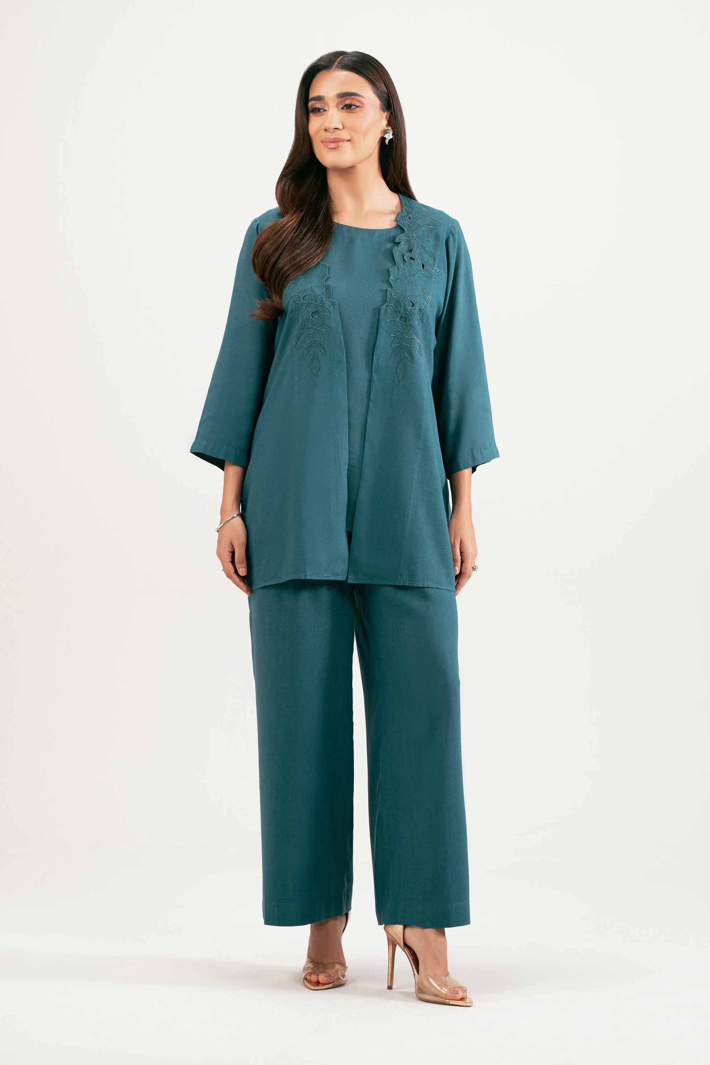 3 Piece - Embroidered Suit - KFW25-213 READY TO WEAR - LUXURY Blue Linen 3PC Embroidered