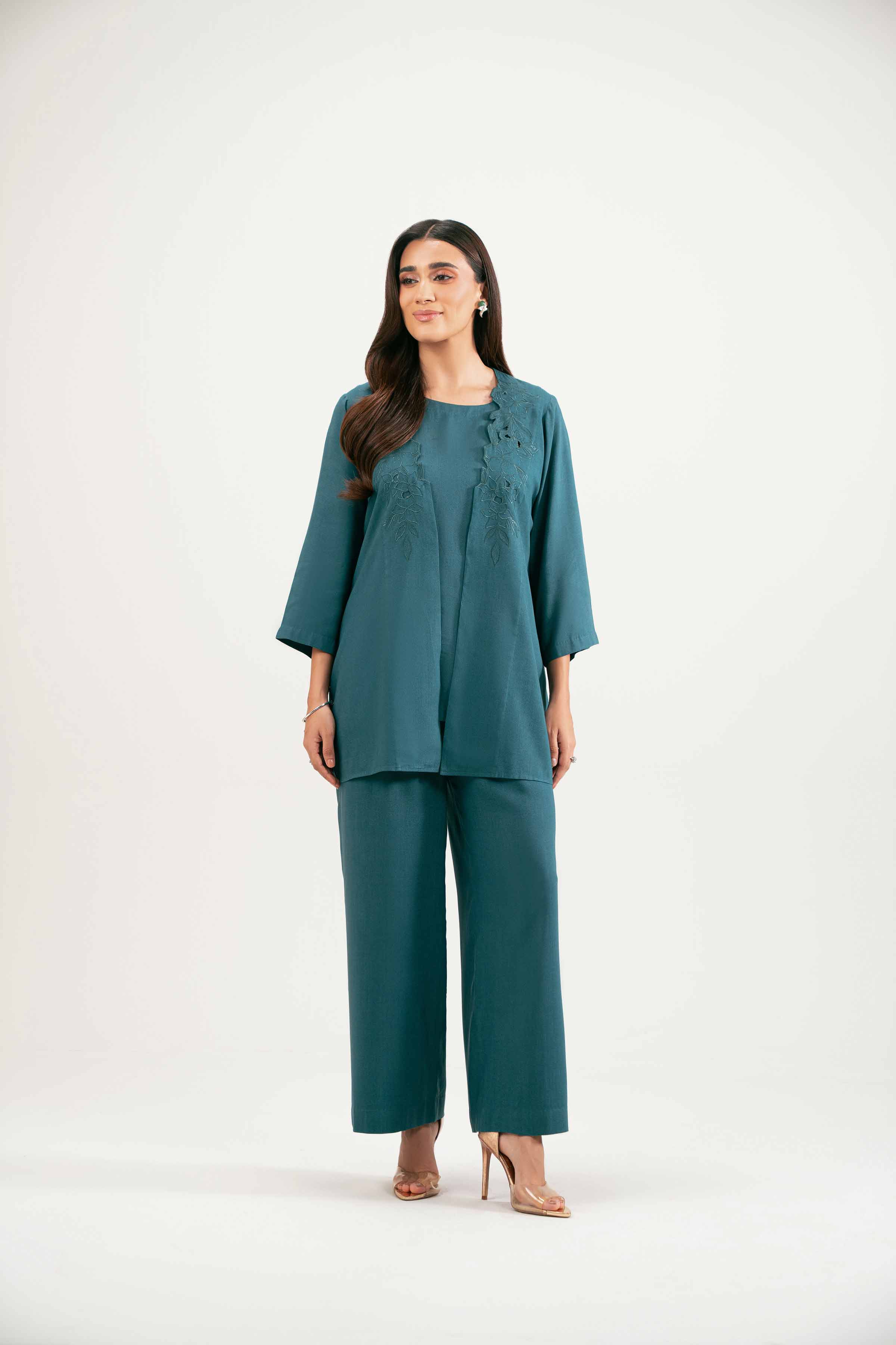 3 Piece - Embroidered Suit - KFW25-213 READY TO WEAR - LUXURY Blue Linen 3PC Embroidered