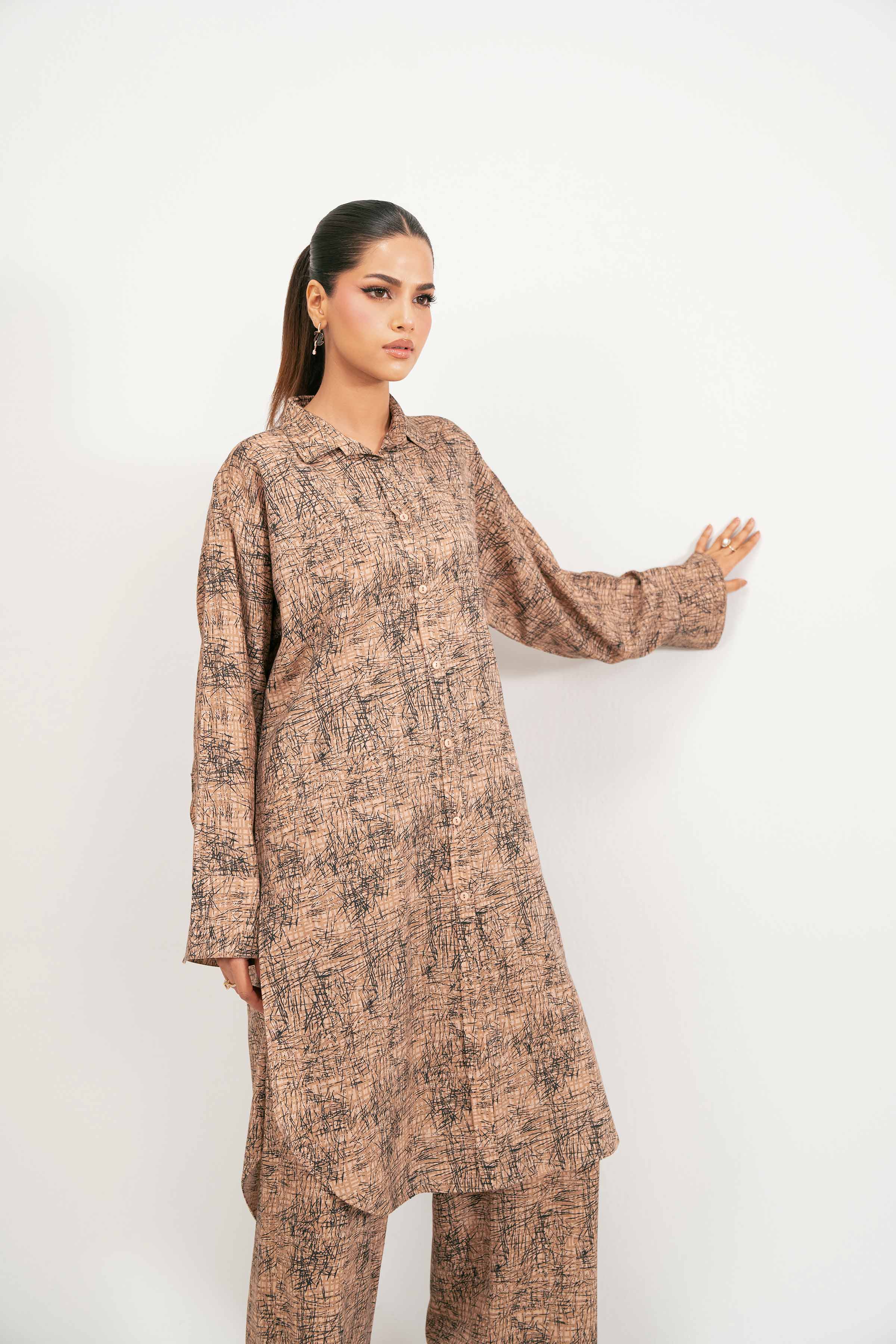 2 Piece - Printed Suit - KFW25-218 READY TO WEAR - LUXURY Brown Jacquard 2PC Printed