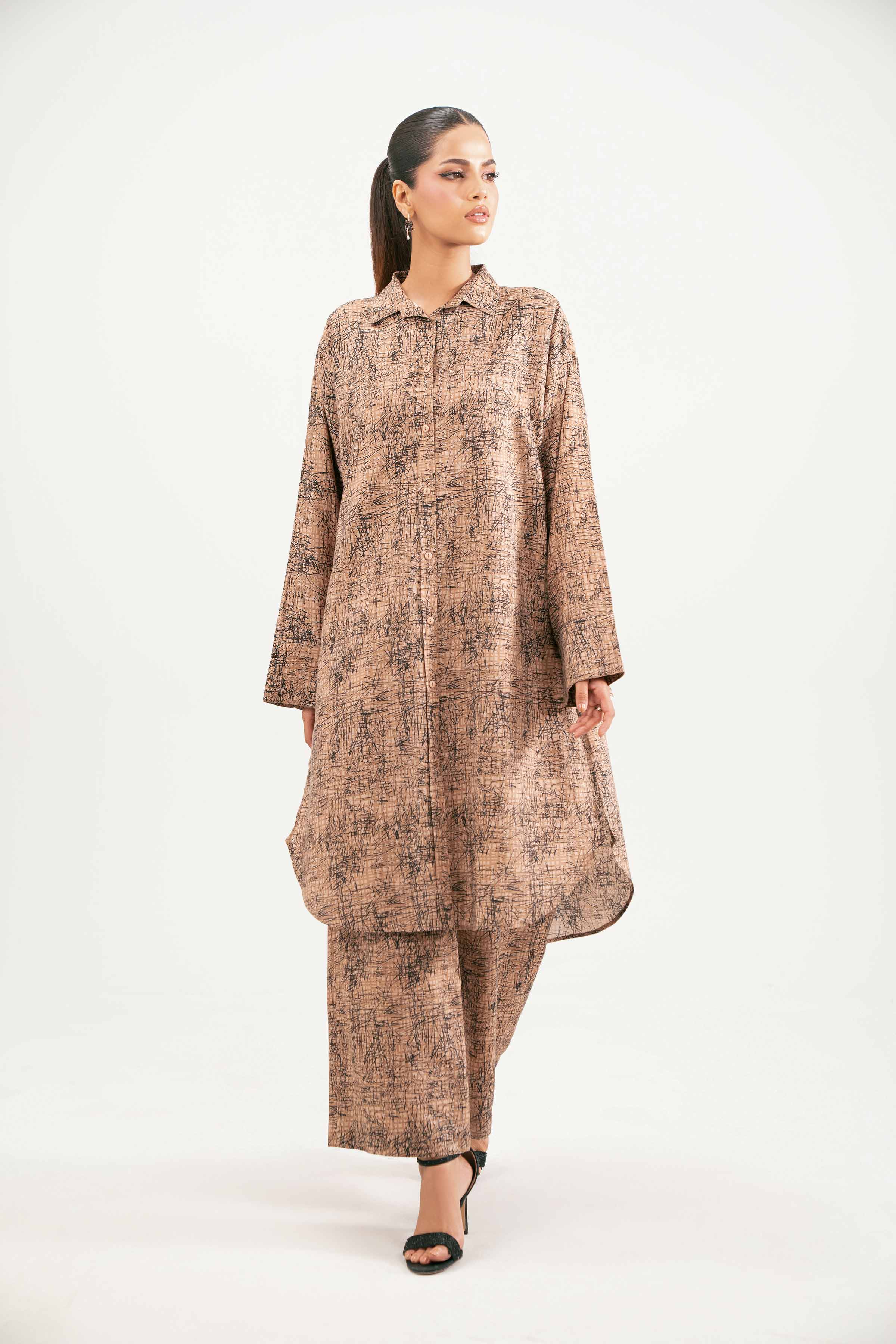 2 Piece - Printed Suit - KFW25-218 READY TO WEAR - LUXURY Brown Jacquard 2PC Printed