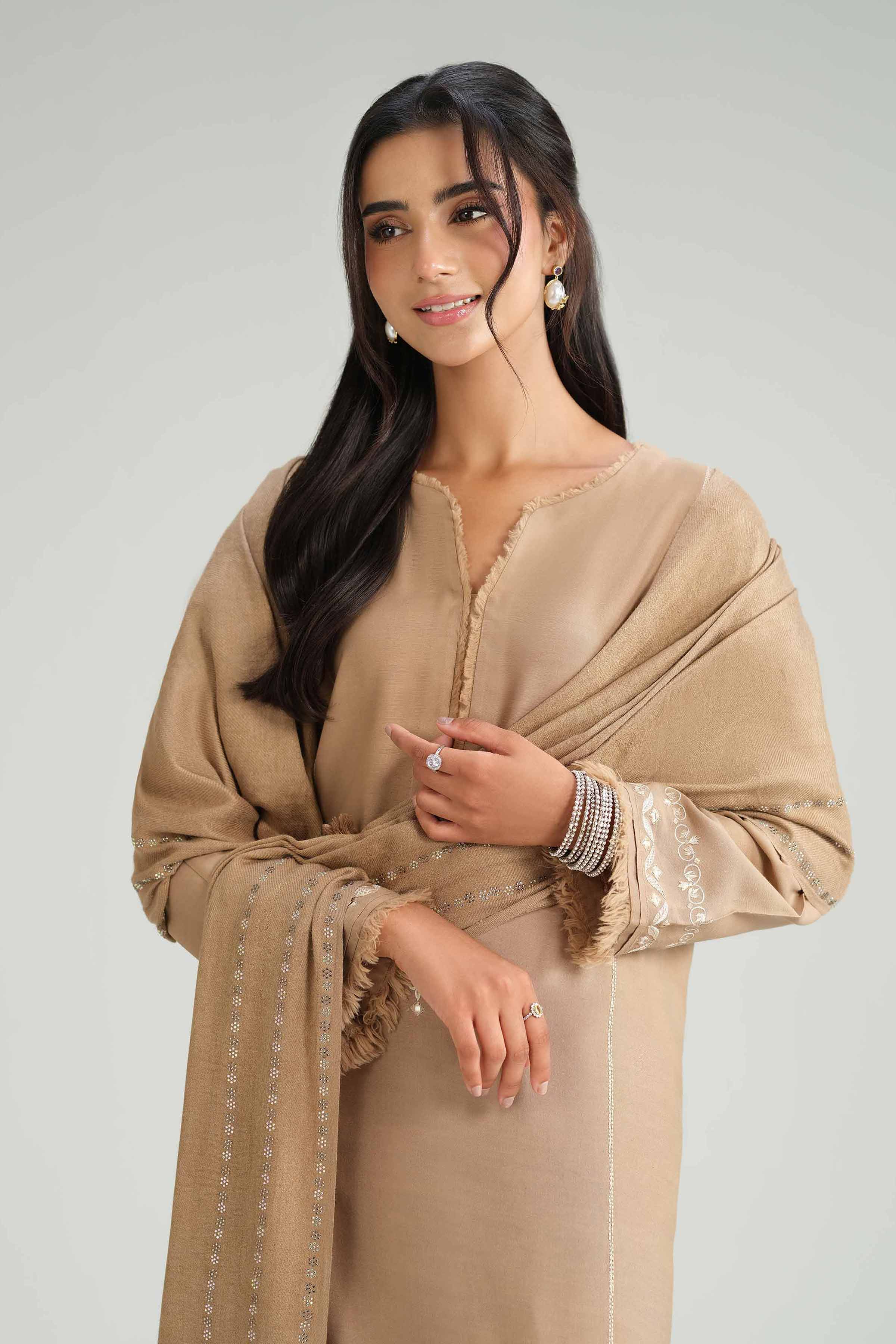 3 Piece - Embroidered Suit - KFW25-67 READY TO WEAR - LUXURY Brown Silk 3PC Embroidered