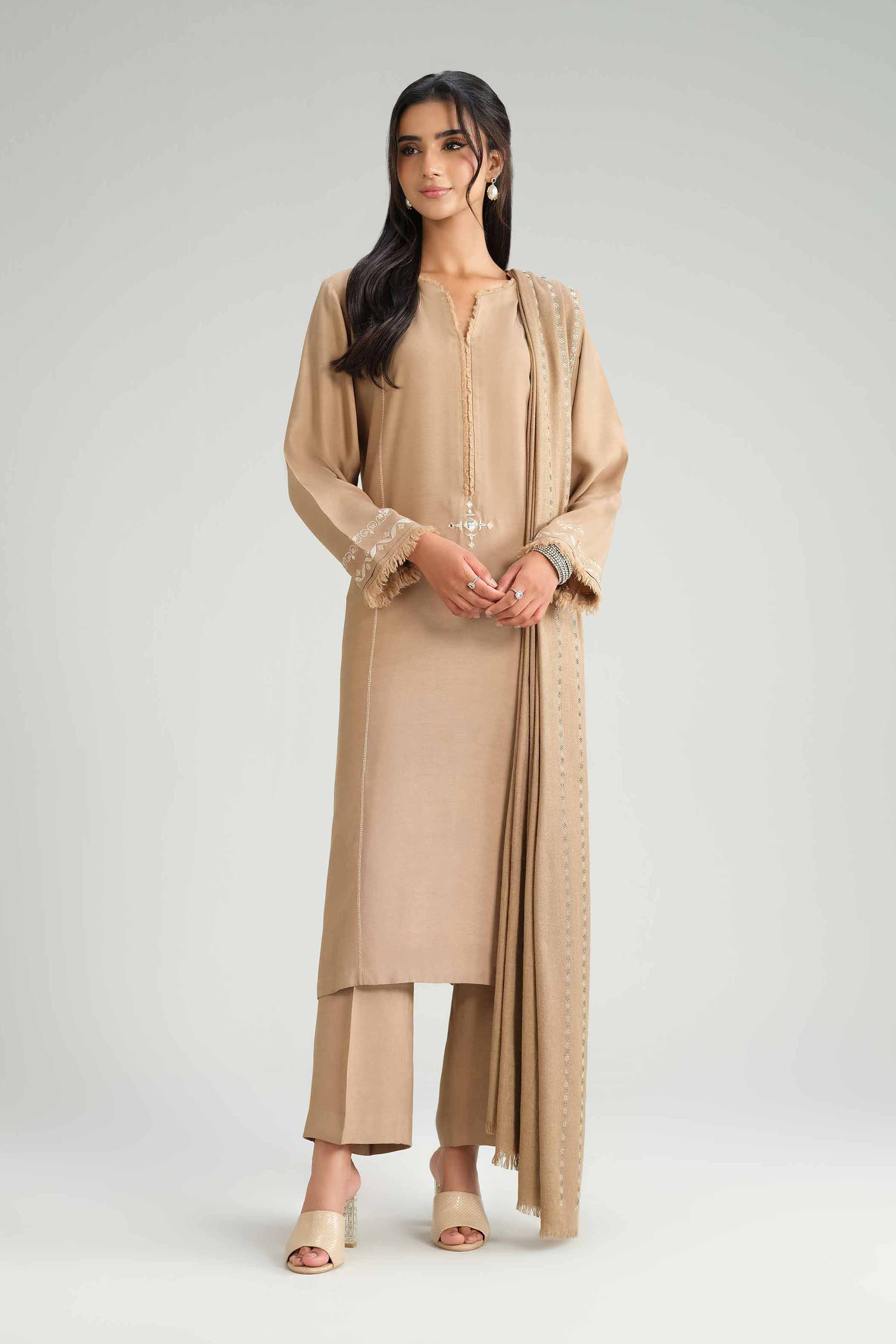 3 Piece - Embroidered Suit - KFW25-67 READY TO WEAR - LUXURY Brown Silk 3PC Embroidered