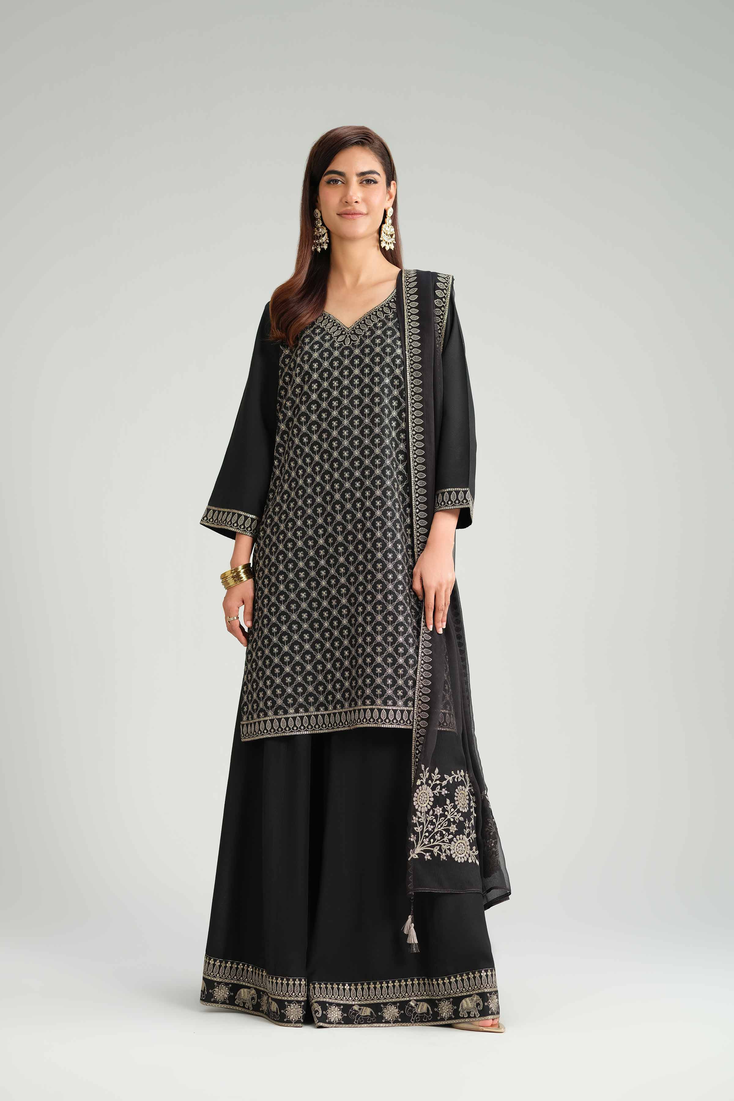 3 Piece - Embroidered Suit - KFW25-68 READY TO WEAR - LUXURY Black Silk 3PC Embroidered