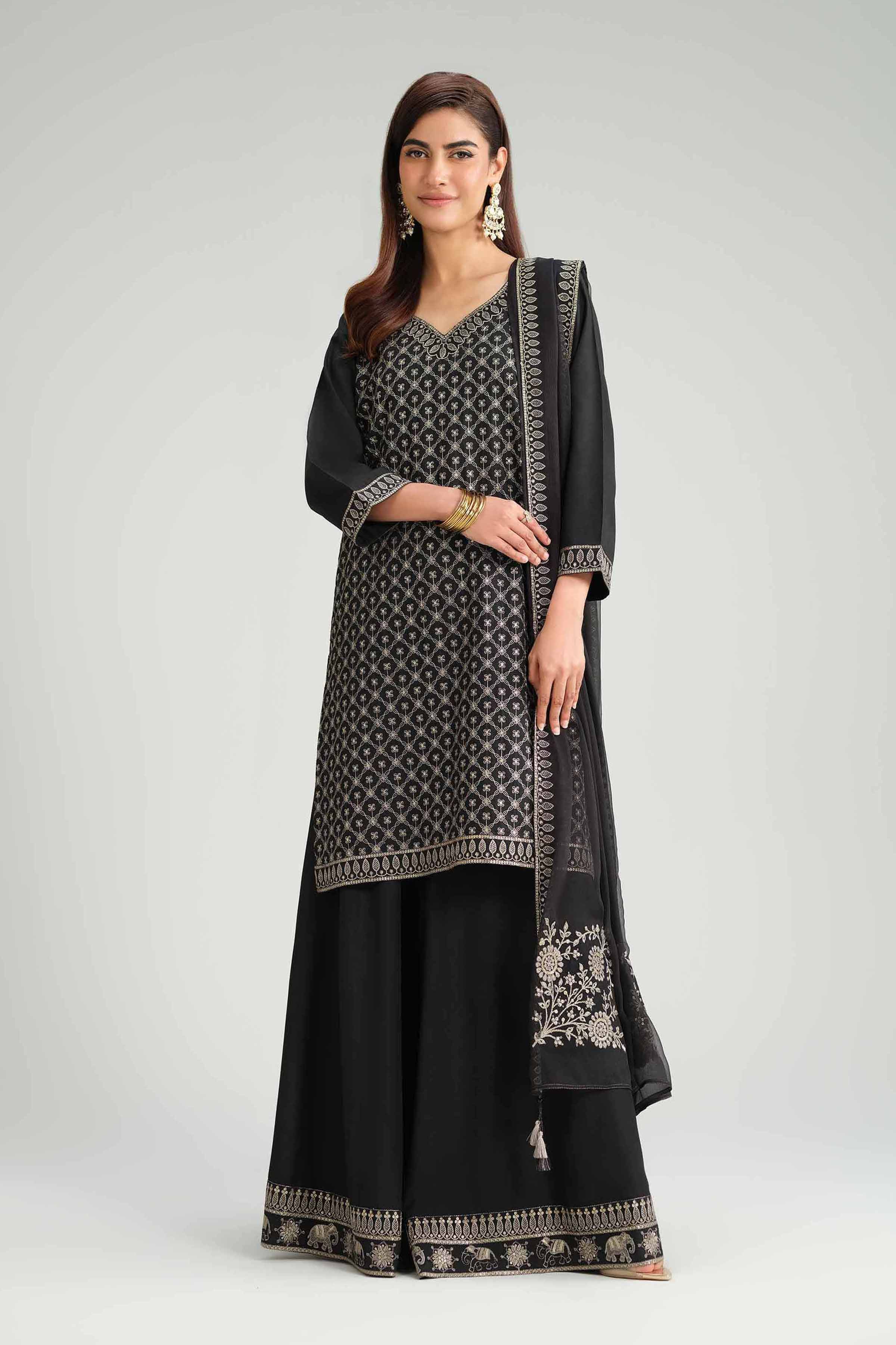 3 Piece - Embroidered Suit - KFW25-68 READY TO WEAR - LUXURY Black Silk 3PC Embroidered