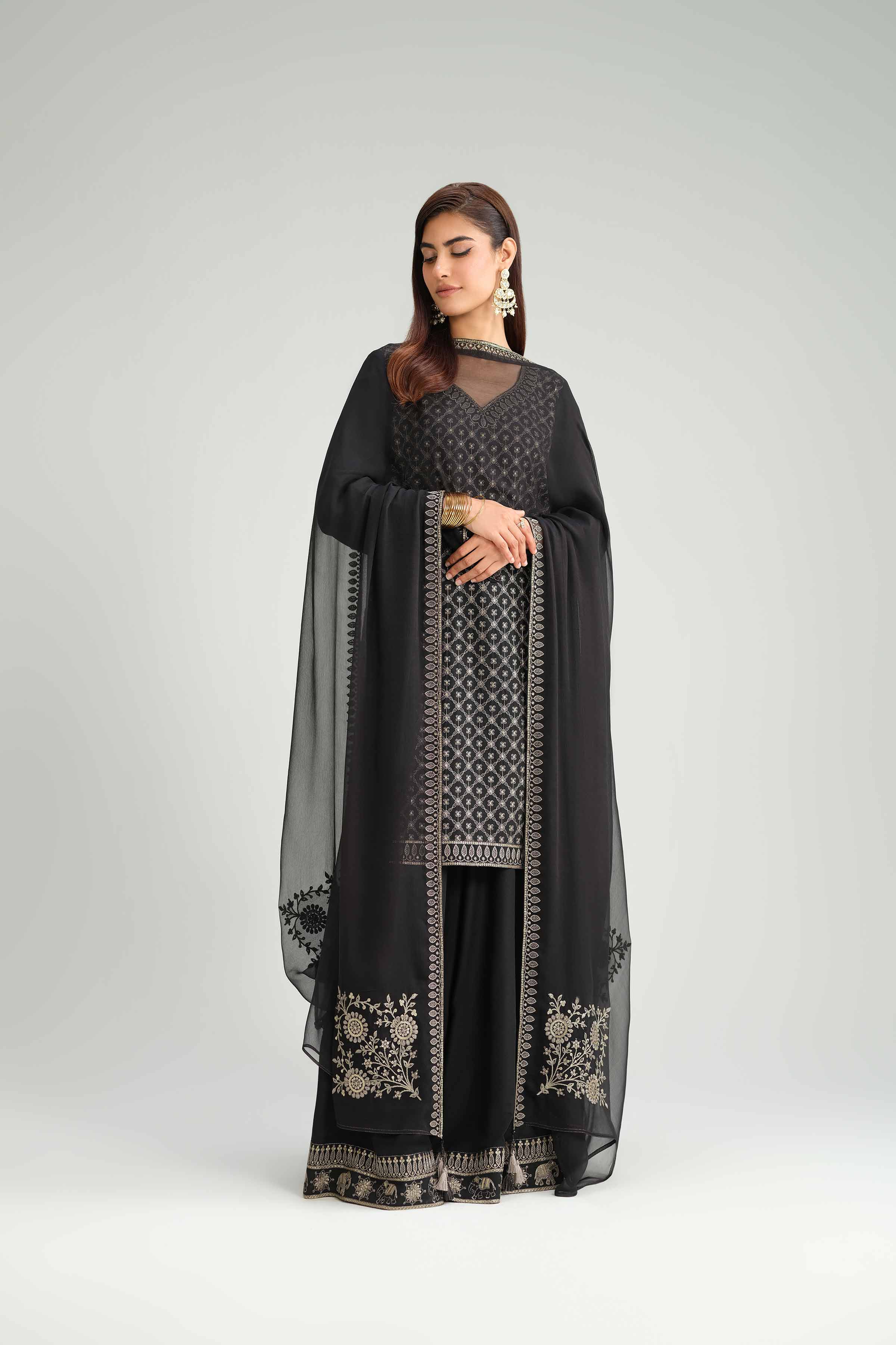 3 Piece - Embroidered Suit - KFW25-68 READY TO WEAR - LUXURY Black Silk 3PC Embroidered
