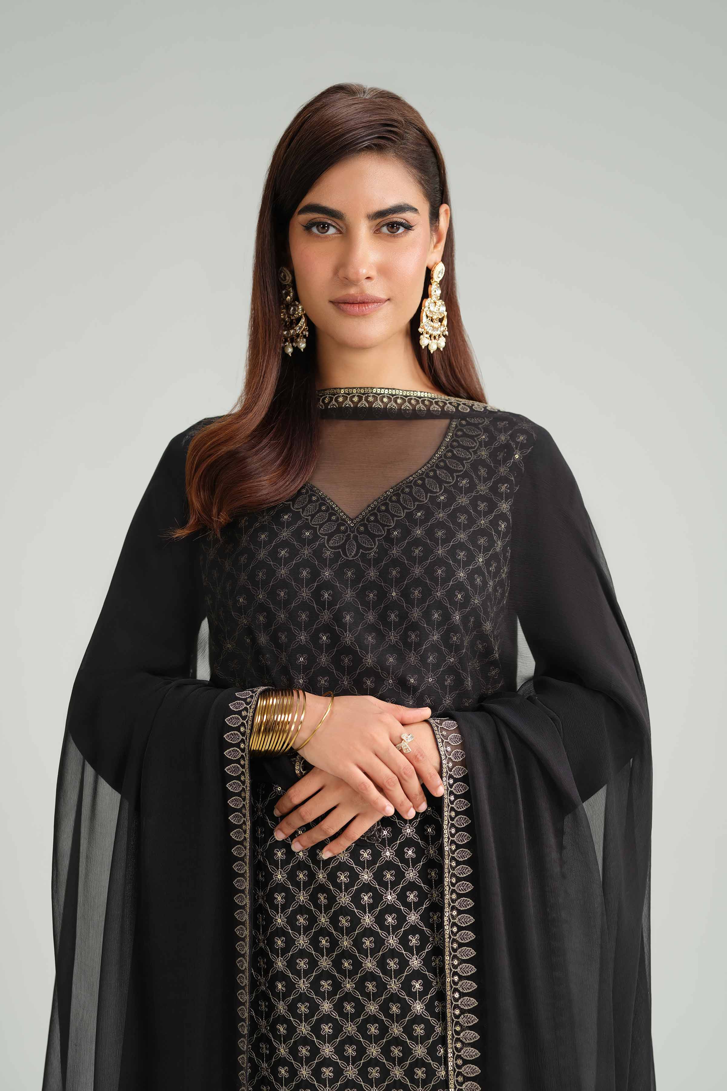 3 Piece - Embroidered Suit - KFW25-68 READY TO WEAR - LUXURY Black Silk 3PC Embroidered