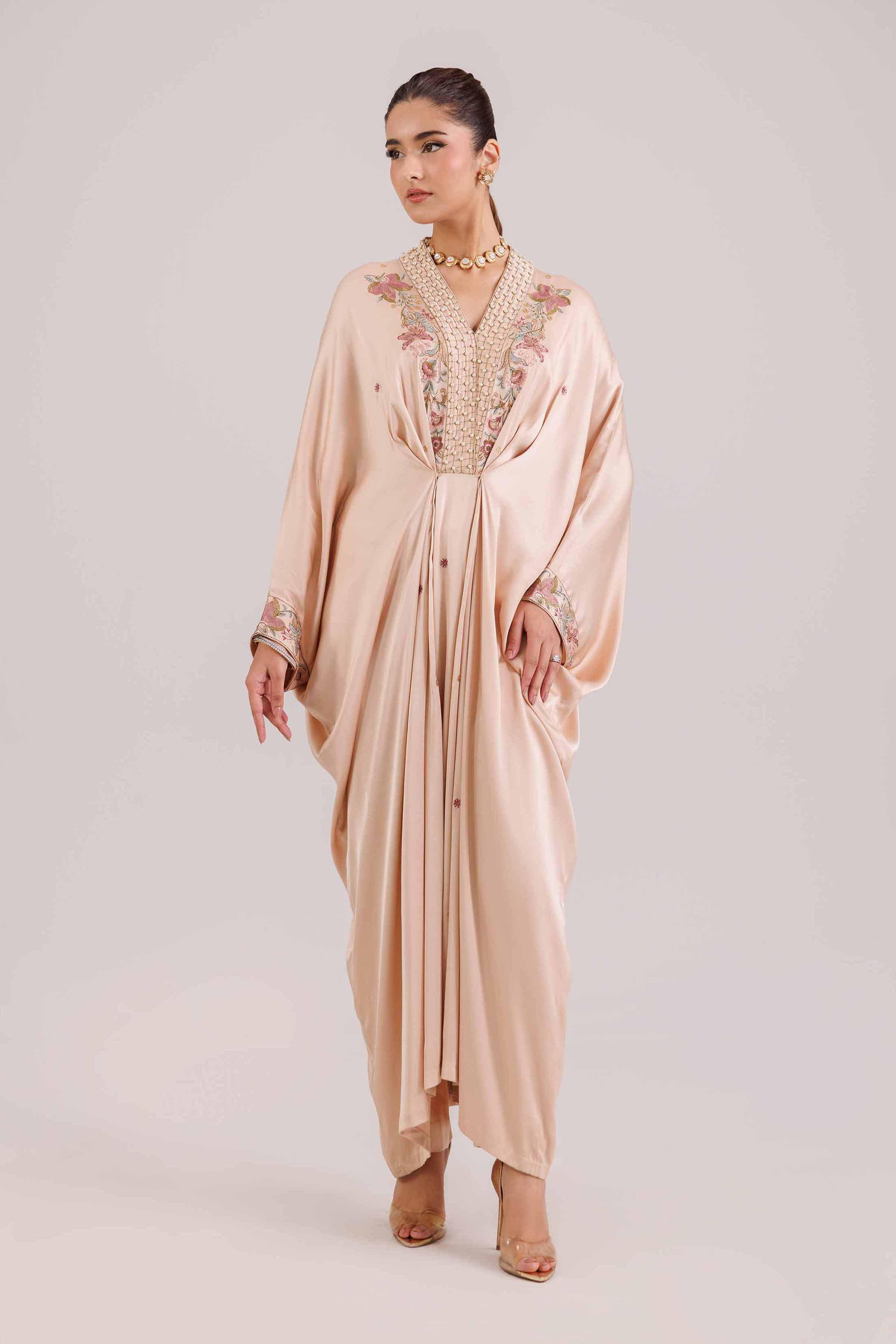 2 Piece - Embroidered Suit - KFW25-70 READY TO WEAR - LUXURY Beige Silk 2PC Embroidered