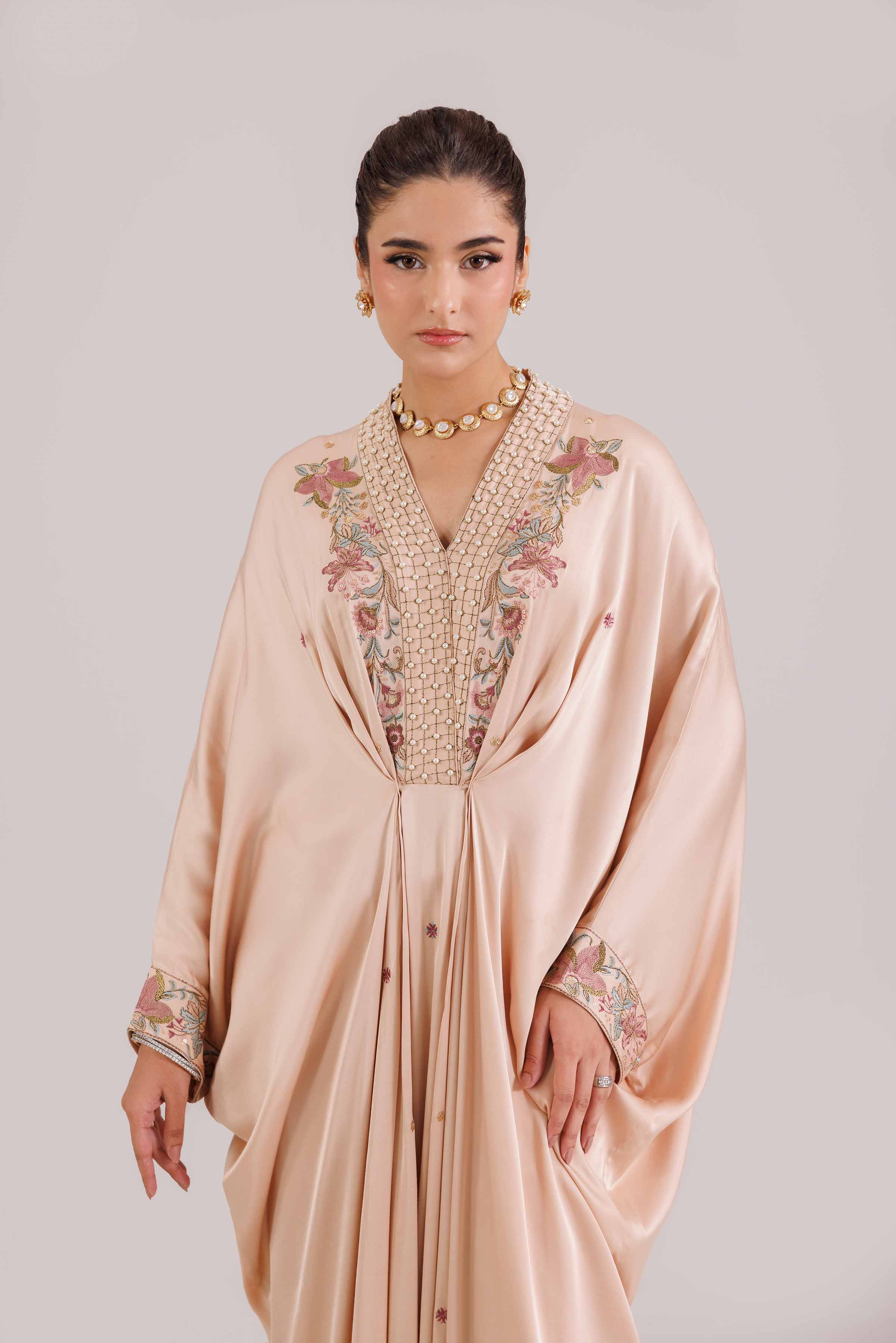 2 Piece - Embroidered Suit - KFW25-70 READY TO WEAR - LUXURY Beige Silk 2PC Embroidered