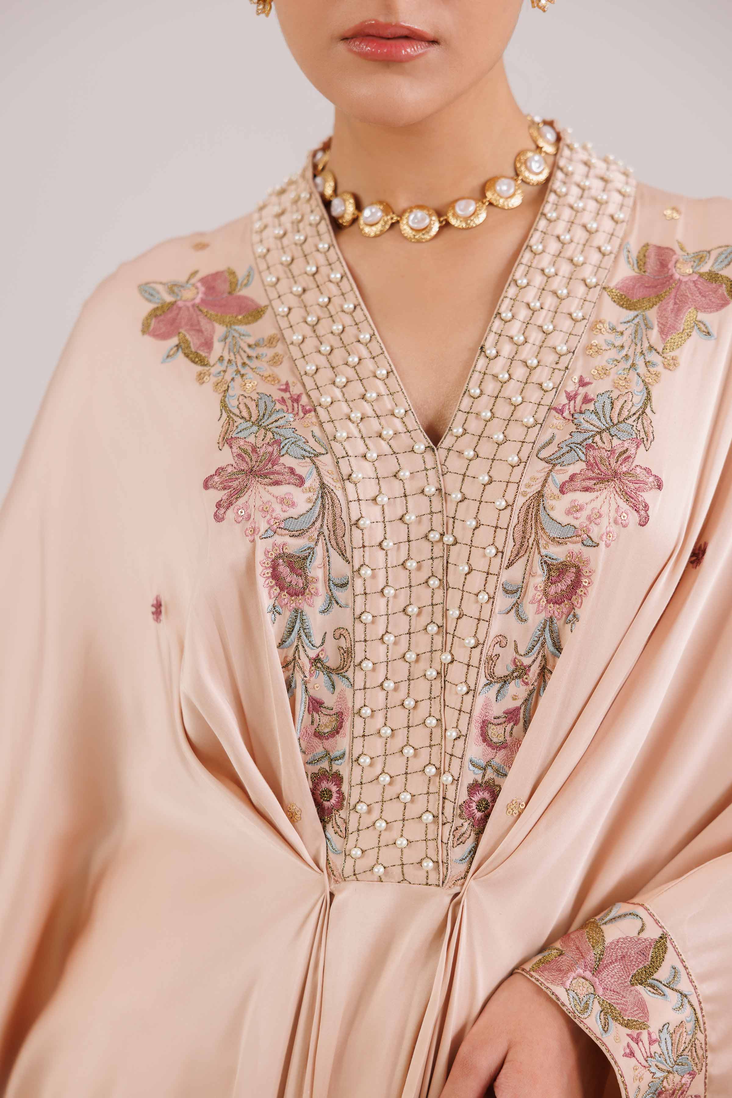 2 Piece - Embroidered Suit - KFW25-70 READY TO WEAR - LUXURY Beige Silk 2PC Embroidered