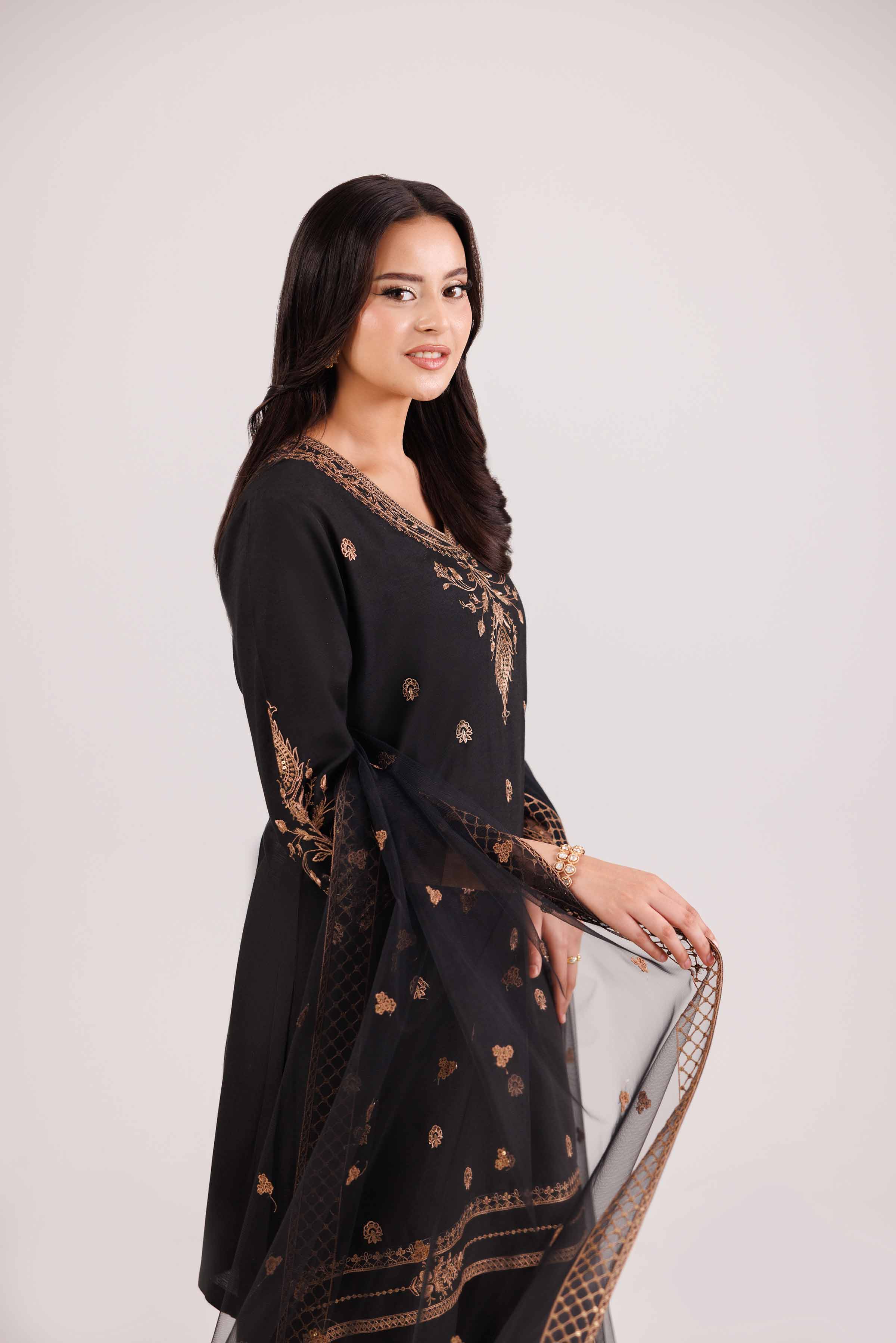 3 Piece - Embroidered Suit - KFW25-75 READY TO WEAR - LUXURY Black Silk 3PC Embroidered