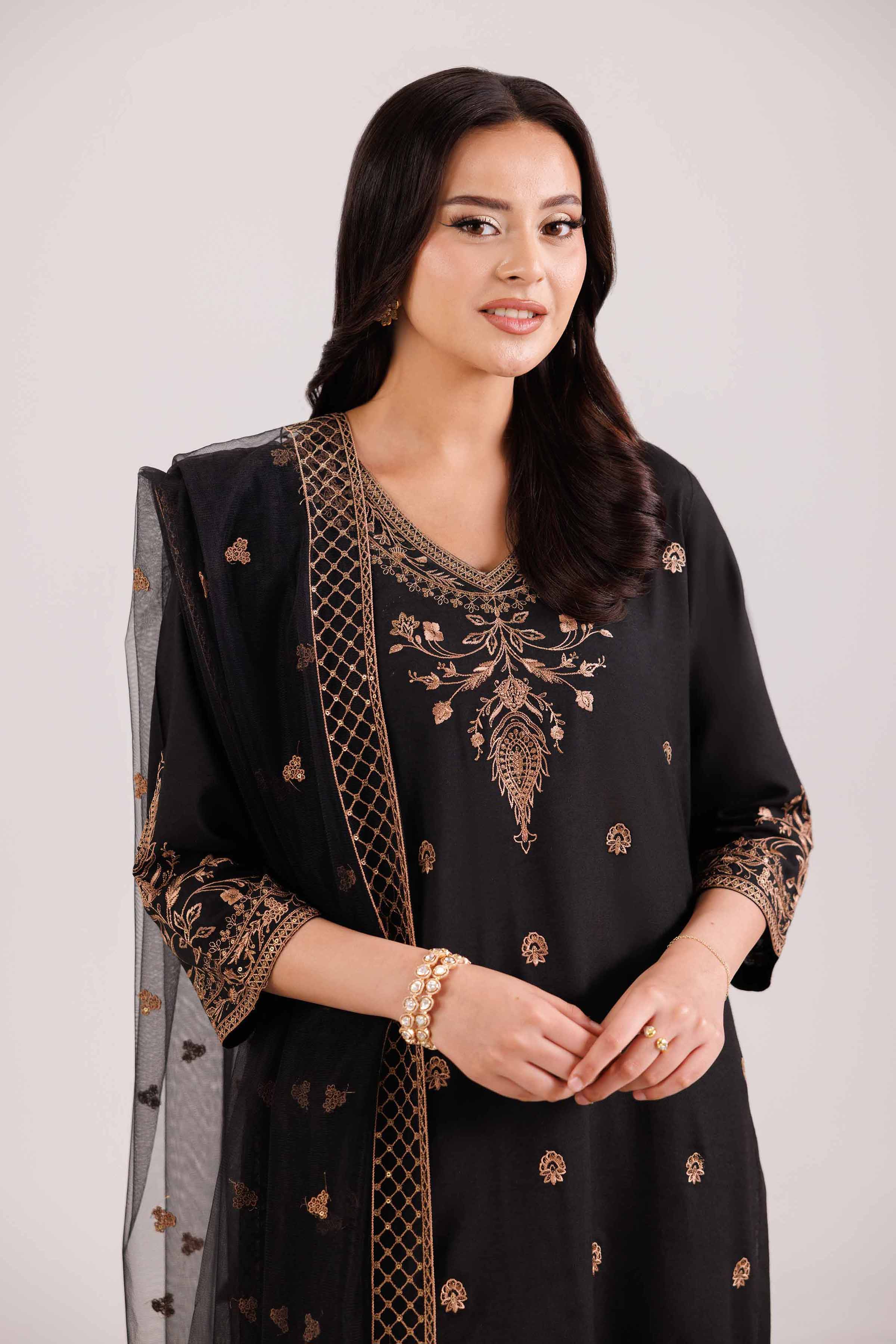 3 Piece - Embroidered Suit - KFW25-75 READY TO WEAR - LUXURY Black Silk 3PC Embroidered