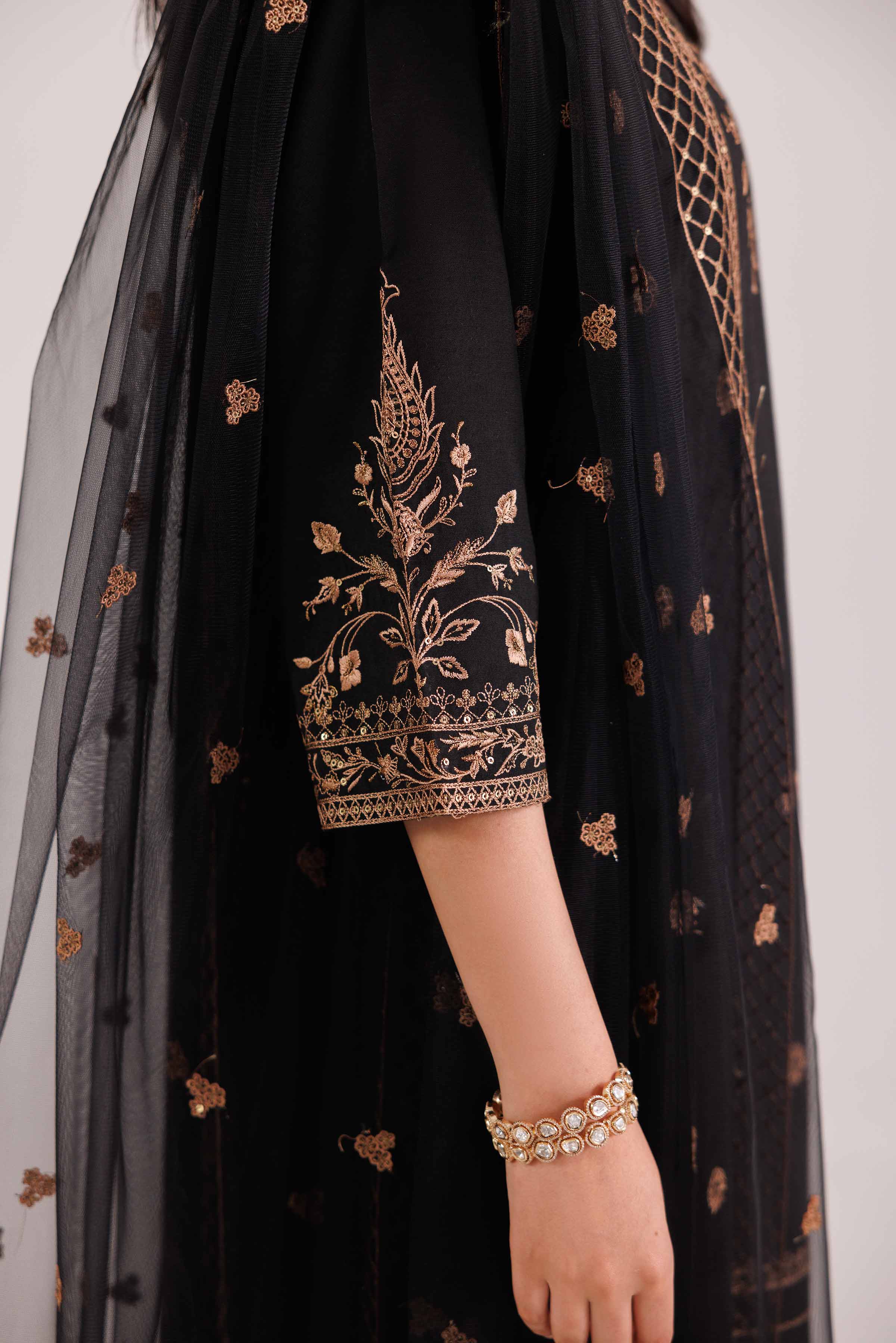 3 Piece - Embroidered Suit - KFW25-75 READY TO WEAR - LUXURY Black Silk 3PC Embroidered