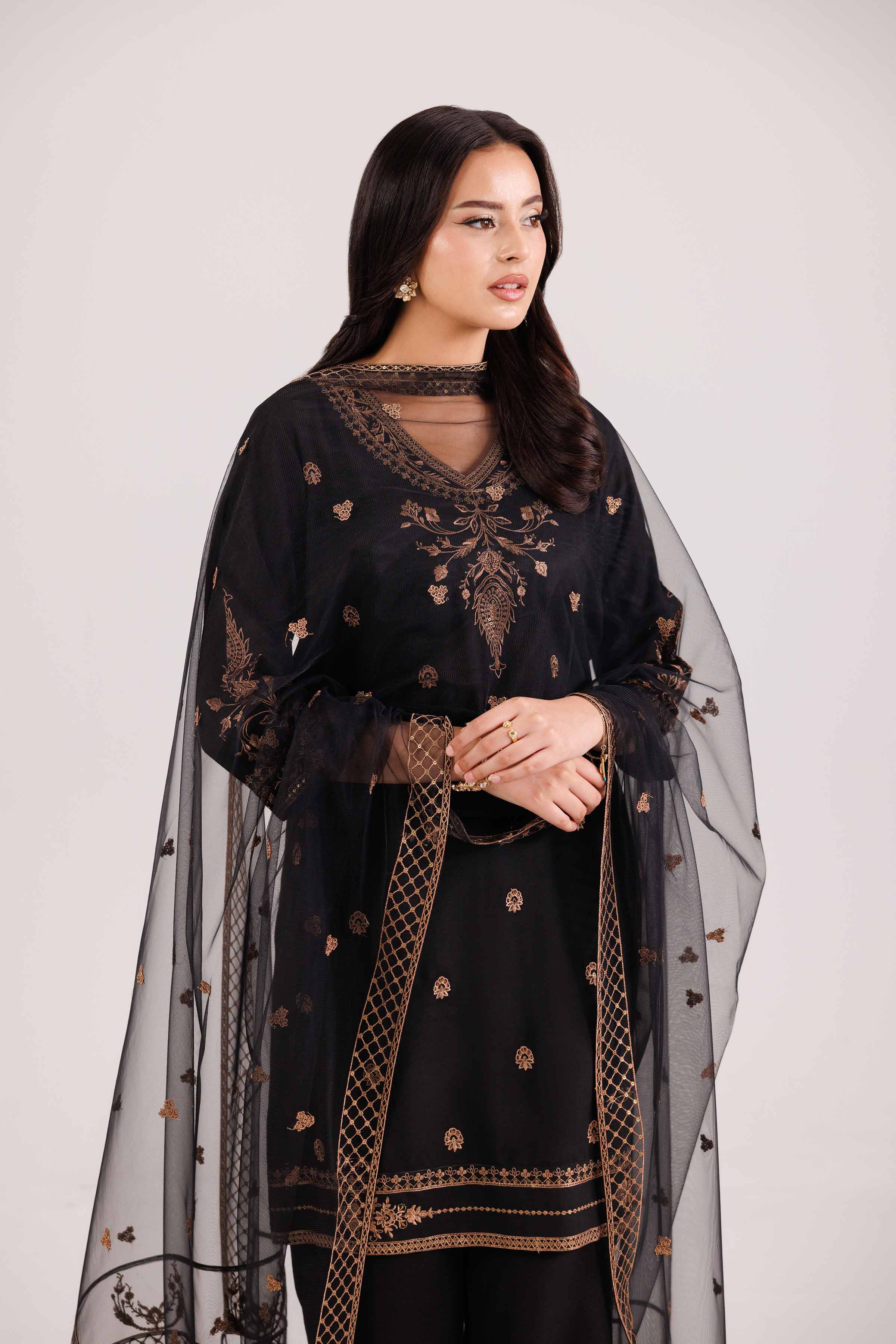 3 Piece - Embroidered Suit - KFW25-75 READY TO WEAR - LUXURY Black Silk 3PC Embroidered