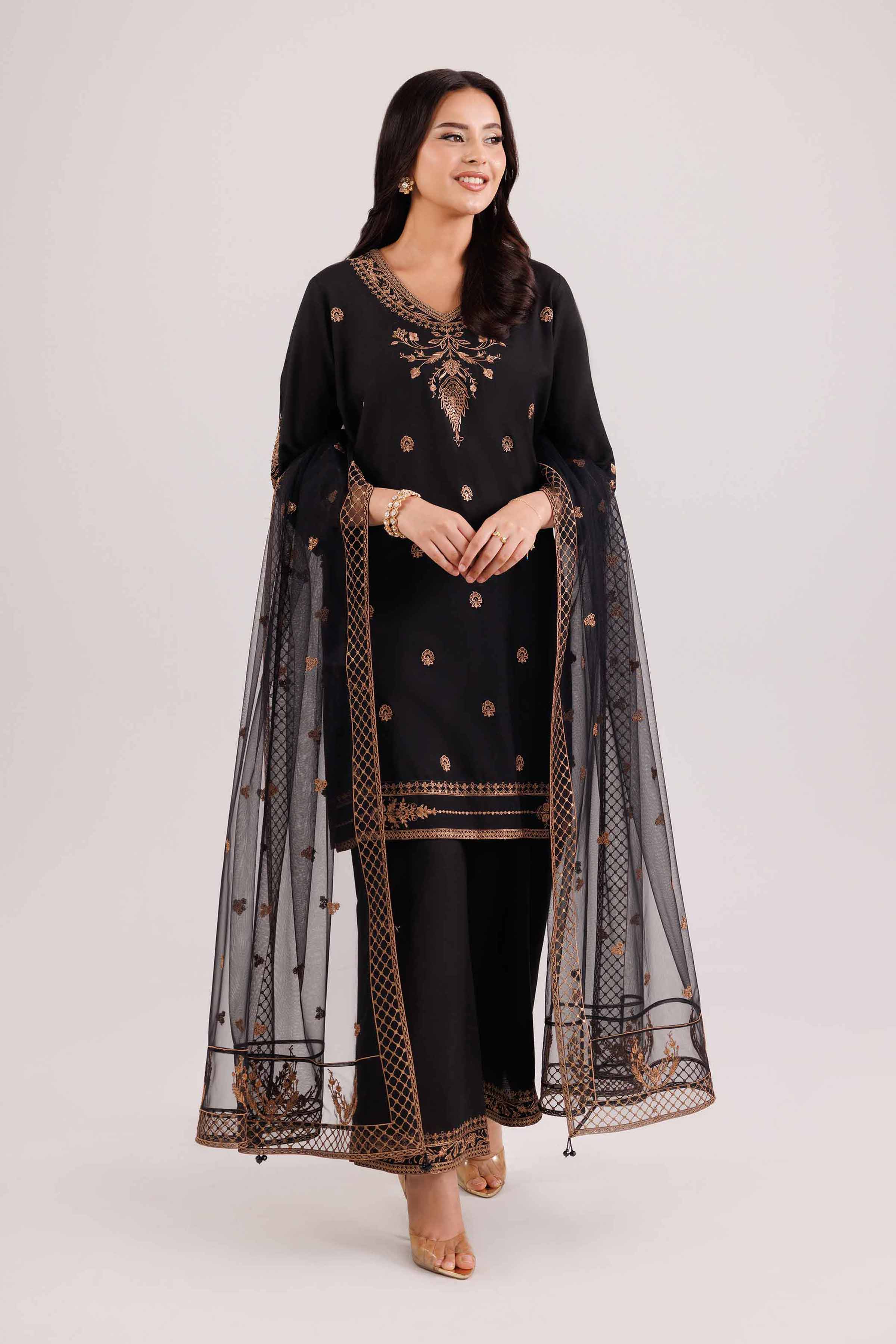 3 Piece - Embroidered Suit - KFW25-75 READY TO WEAR - LUXURY Black Silk 3PC Embroidered
