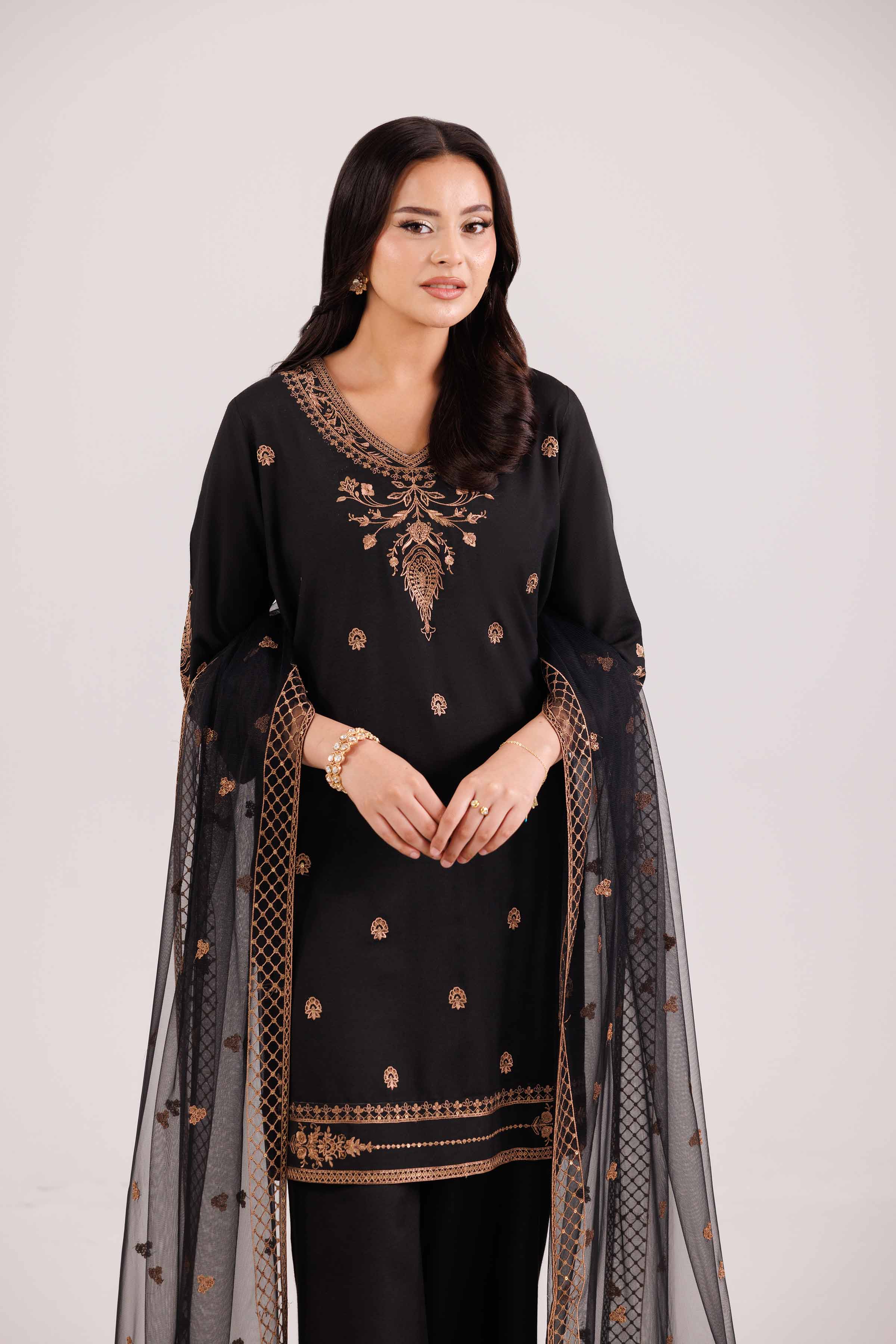 3 Piece - Embroidered Suit - KFW25-75 READY TO WEAR - LUXURY Black Silk 3PC Embroidered