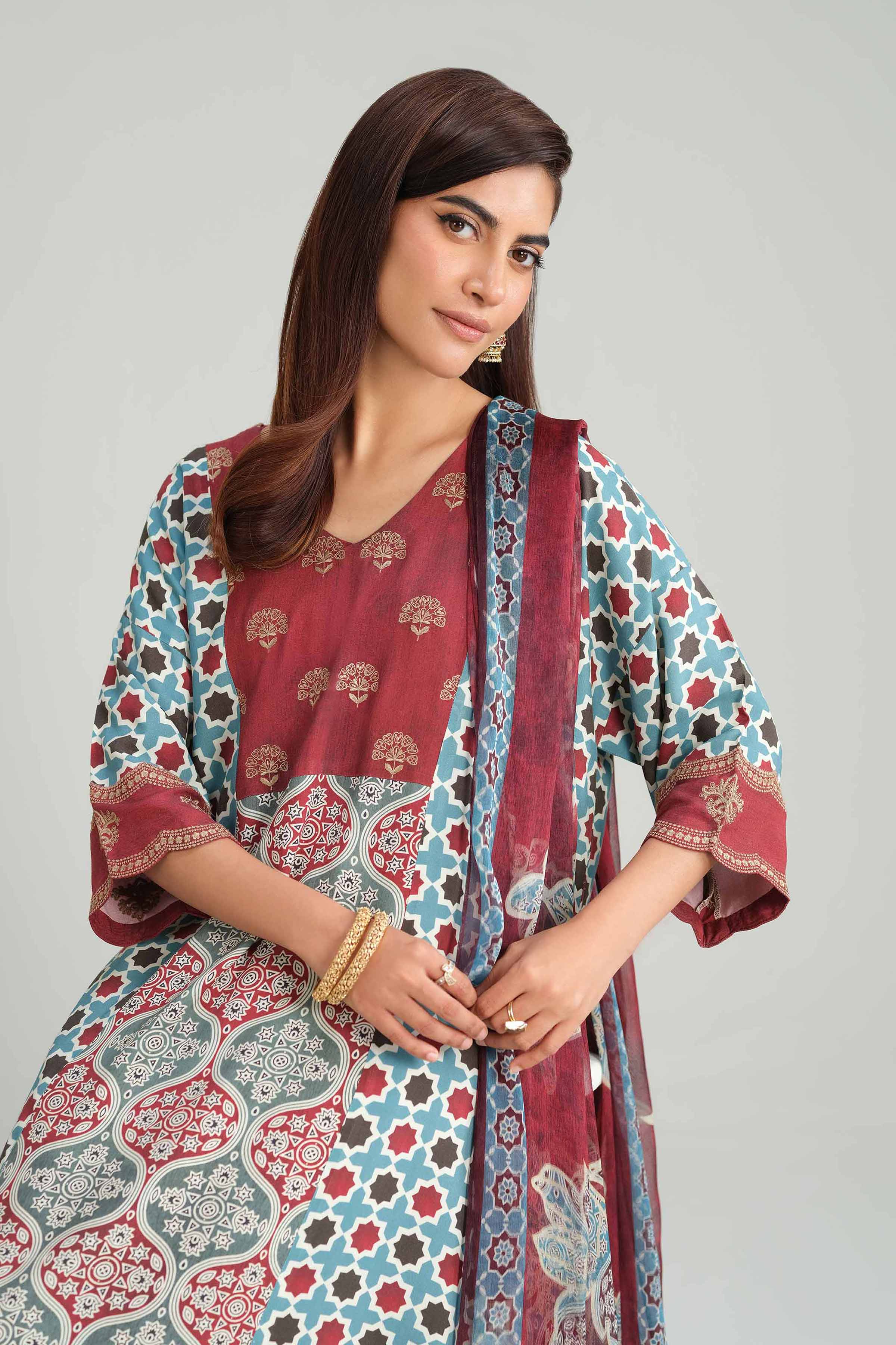 3 Piece - Printed Embroidered Suit - KFW25-80 READY TO WEAR - LUXURY Multi Silk 3PC Embroidered
