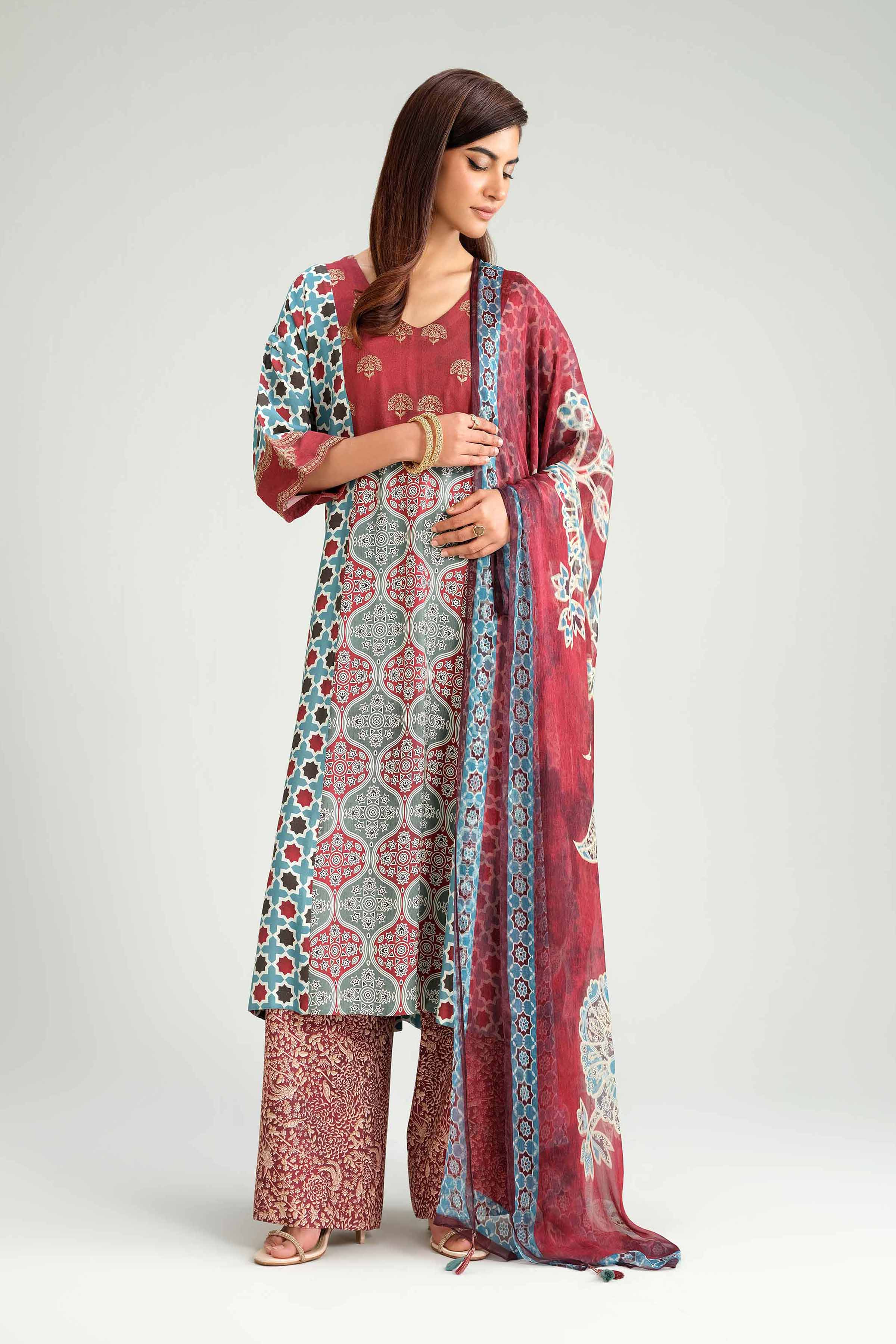 3 Piece - Printed Embroidered Suit - KFW25-80 READY TO WEAR - LUXURY Multi Silk 3PC Embroidered