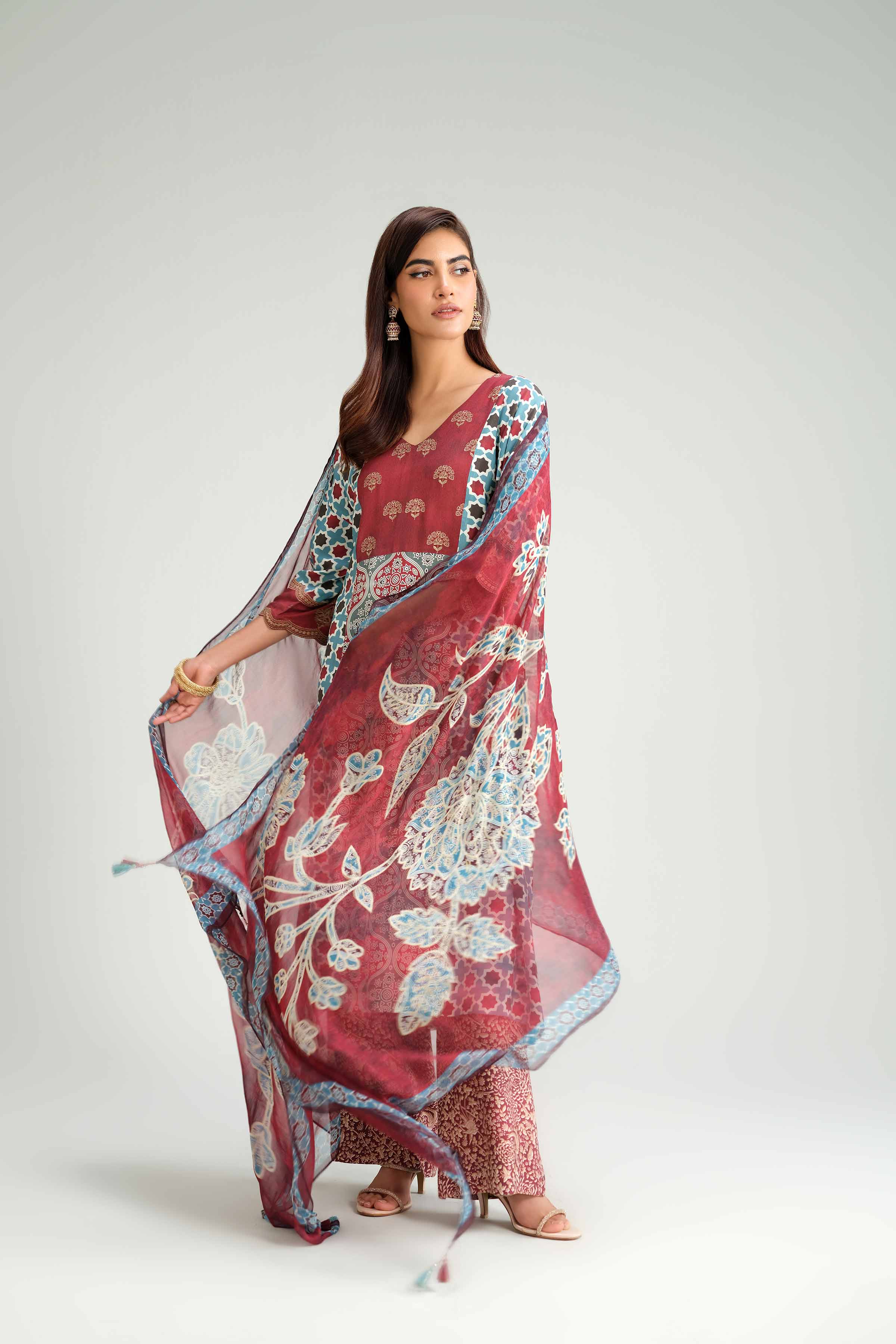 3 Piece - Printed Embroidered Suit - KFW25-80 READY TO WEAR - LUXURY Multi Silk 3PC Embroidered