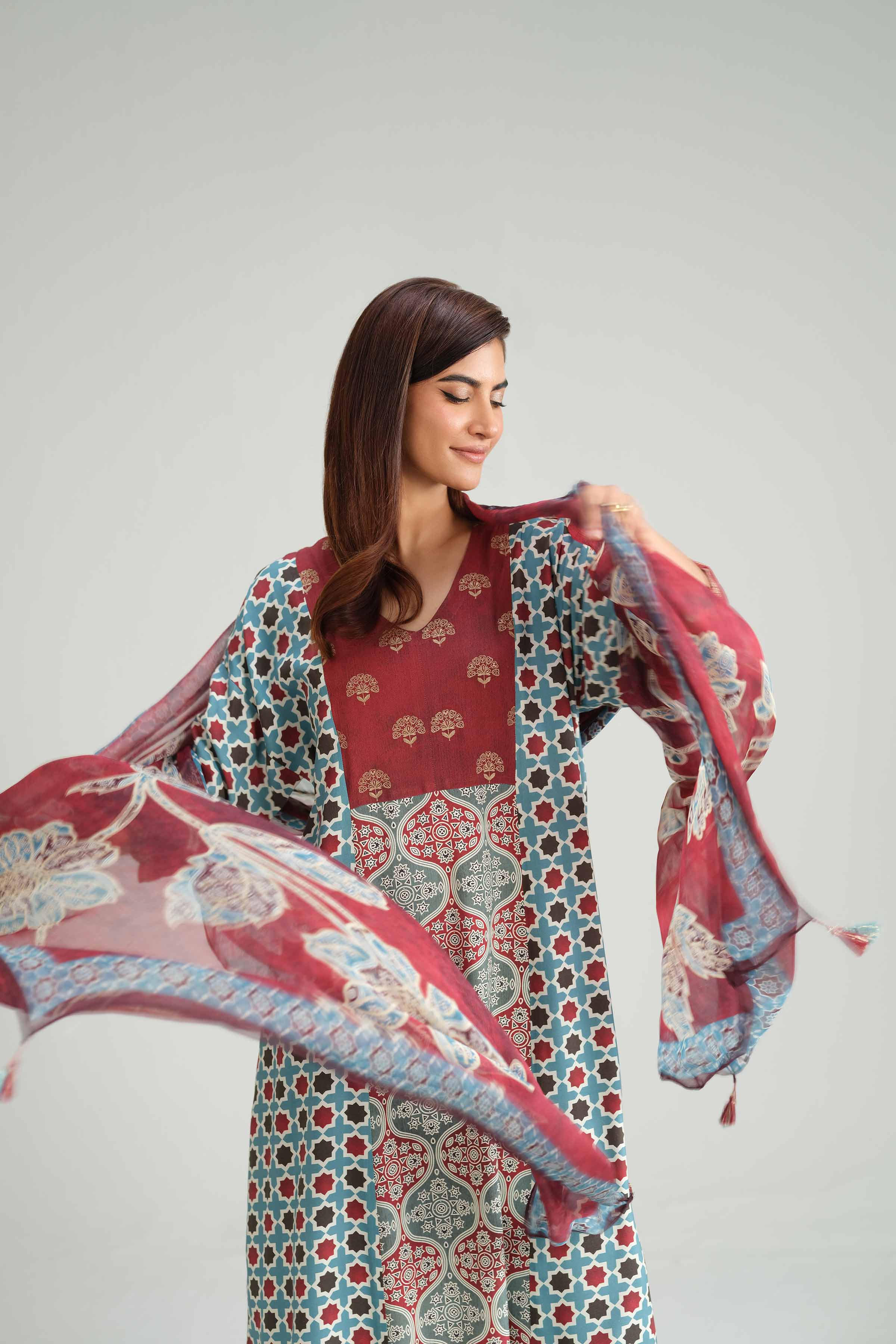 3 Piece - Printed Embroidered Suit - KFW25-80 READY TO WEAR - LUXURY Multi Silk 3PC Embroidered