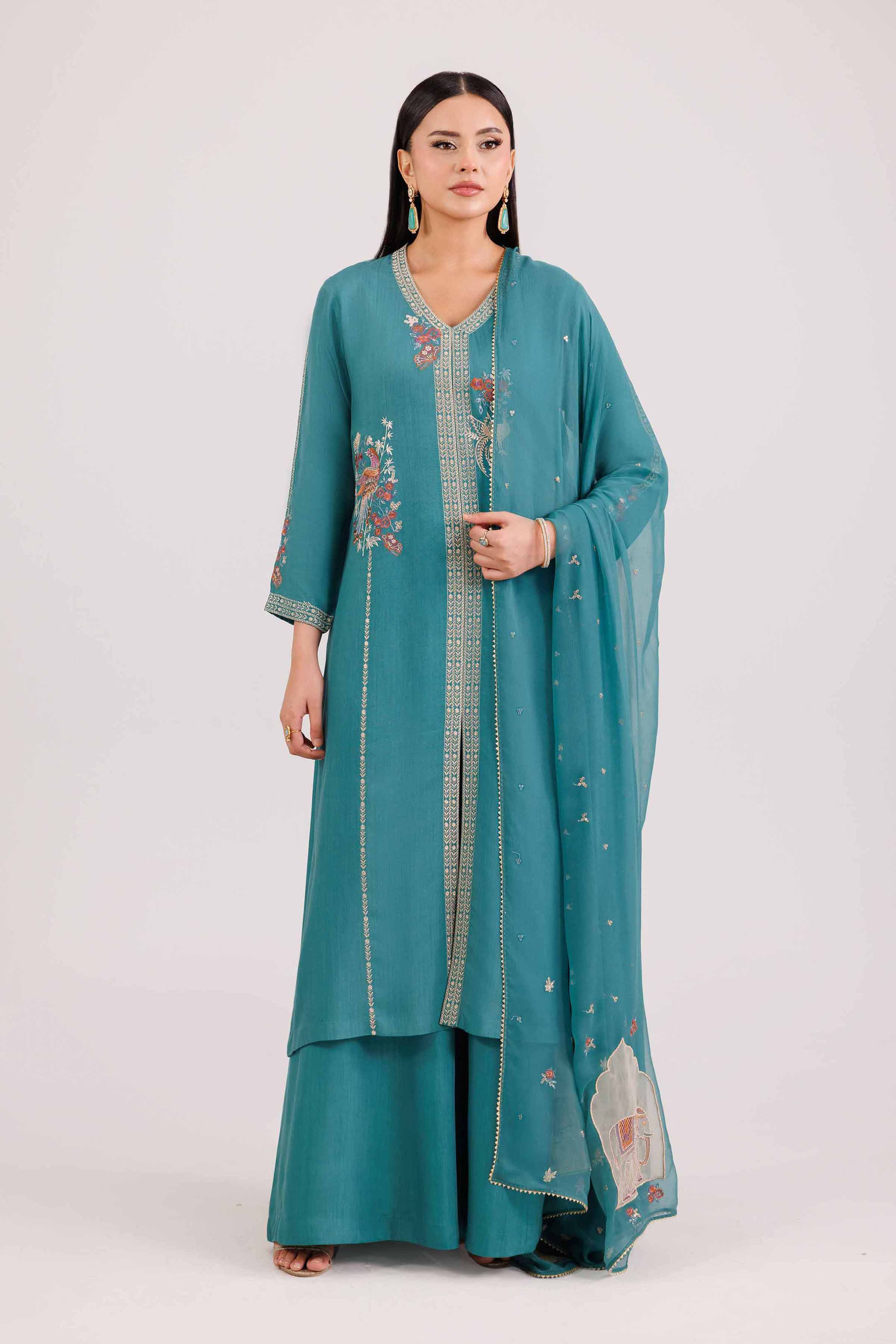 3 Piece - Embroidered Suit - KFW25-84 READY TO WEAR - LUXURY Green Viscose 3PC Embroidered