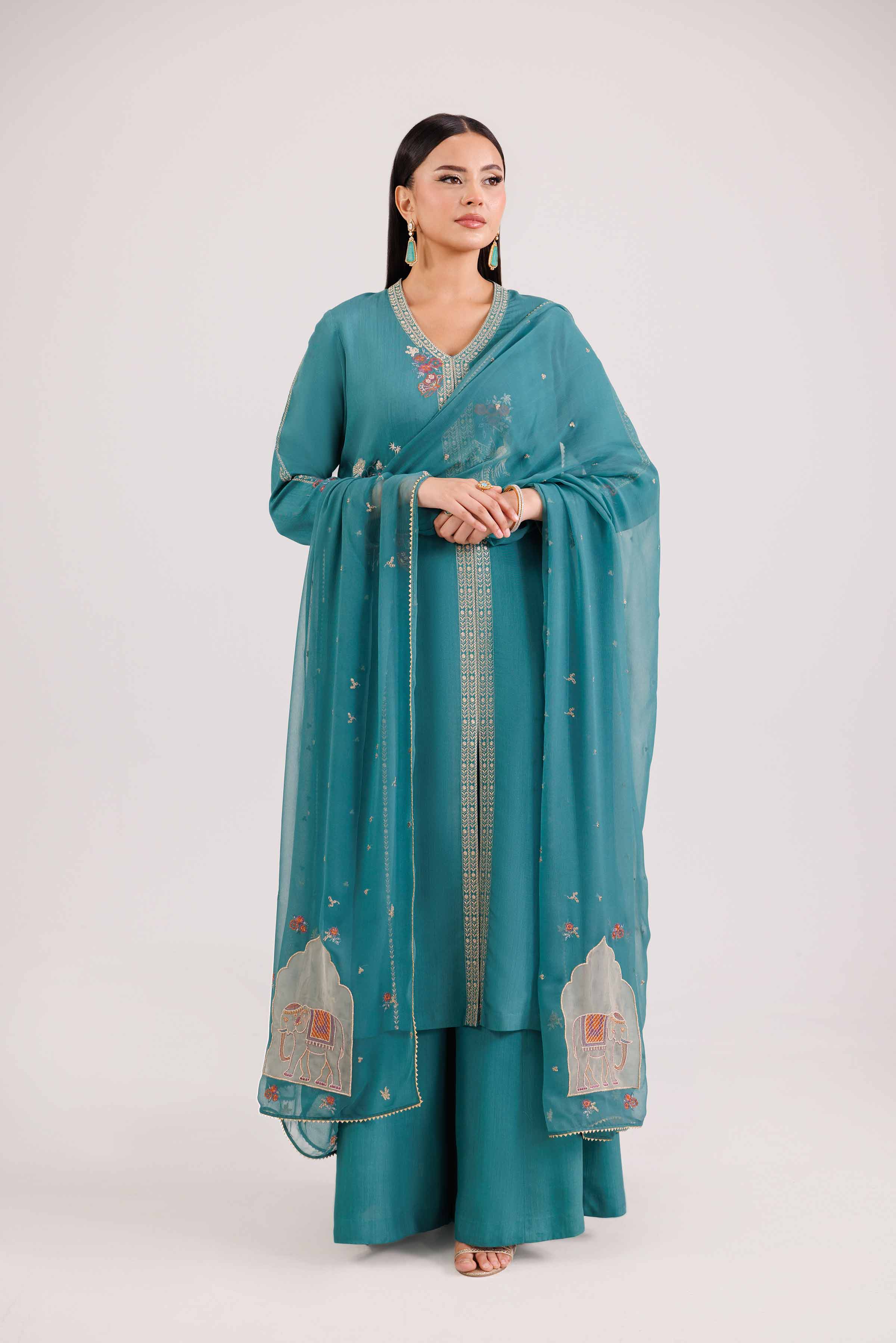 3 Piece - Embroidered Suit - KFW25-84 READY TO WEAR - LUXURY Green Viscose 3PC Embroidered
