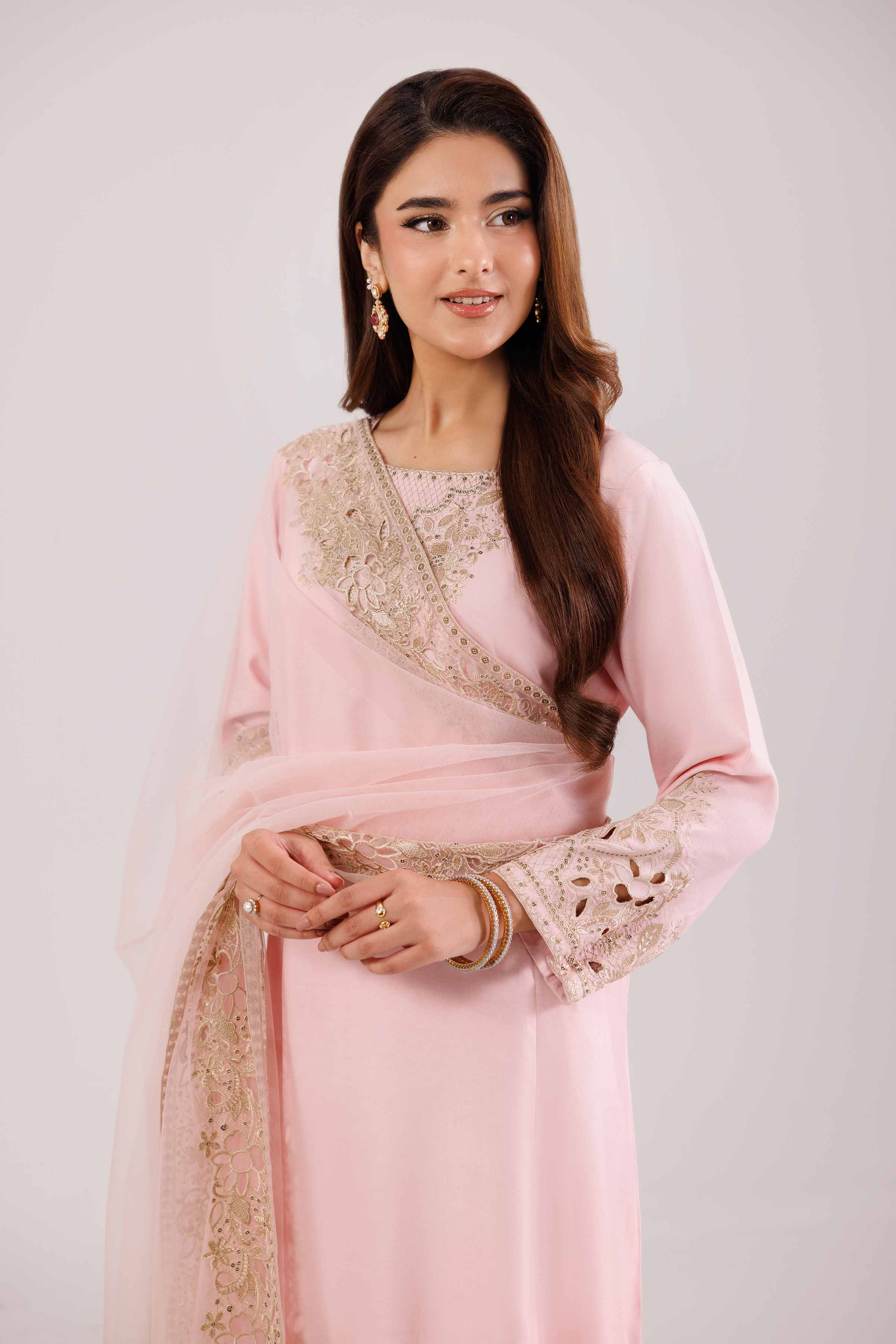 3 Piece - Embroidered Suit - KFW25-87 READY TO WEAR - LUXURY Pink Silk 3PC Embroidered