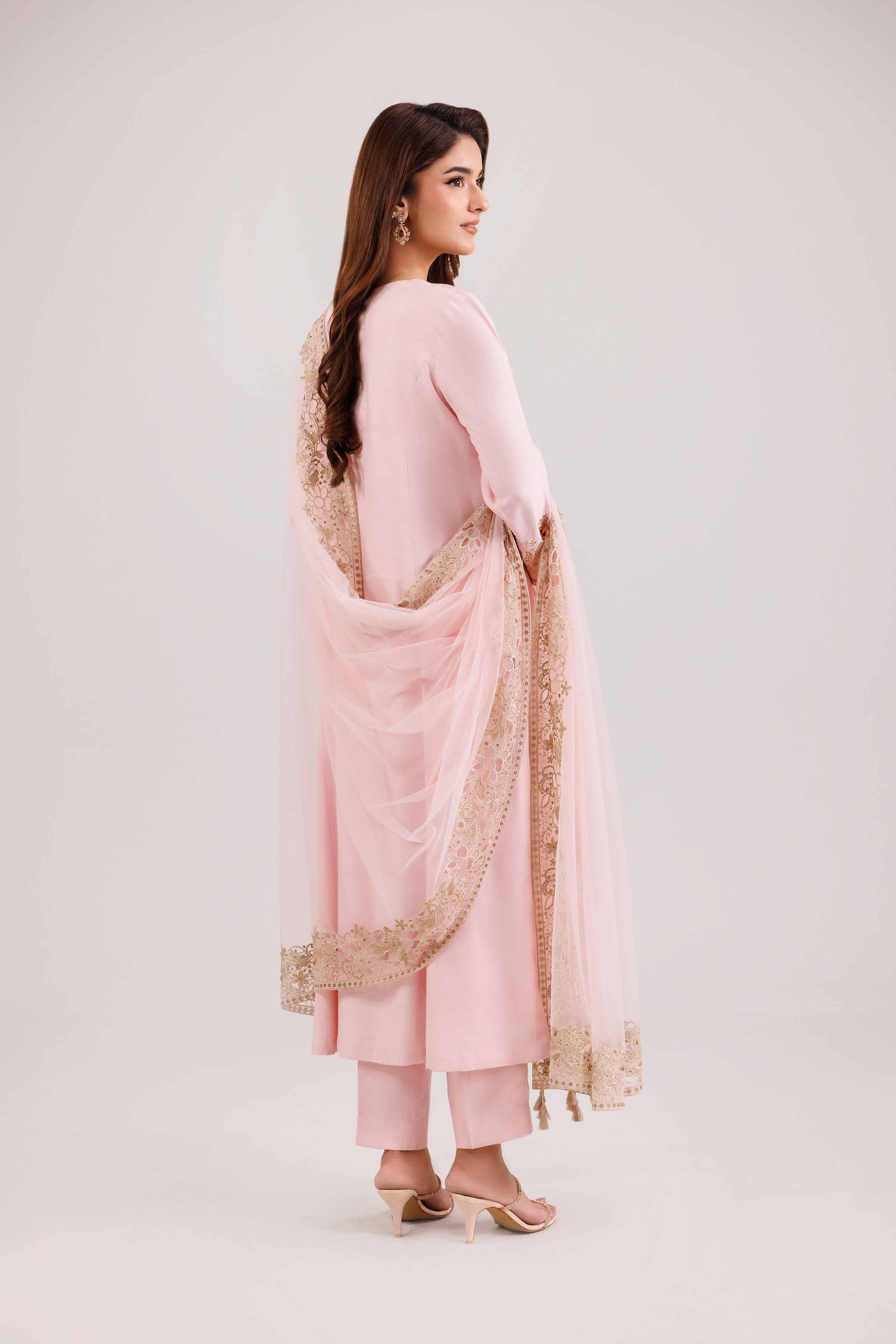 3 Piece - Embroidered Suit - KFW25-87 READY TO WEAR - LUXURY Pink Silk 3PC Embroidered