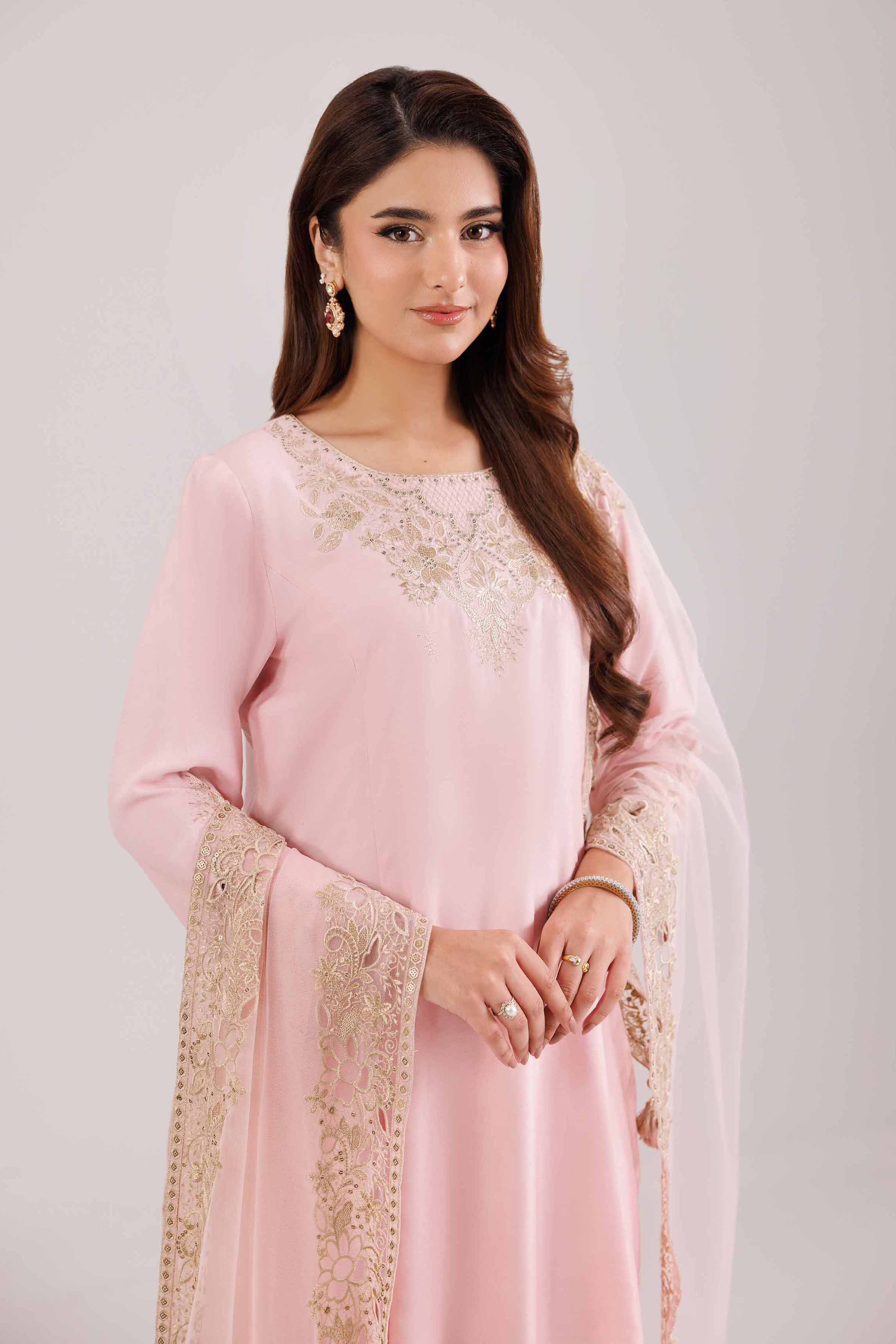 3 Piece - Embroidered Suit - KFW25-87 READY TO WEAR - LUXURY Pink Silk 3PC Embroidered
