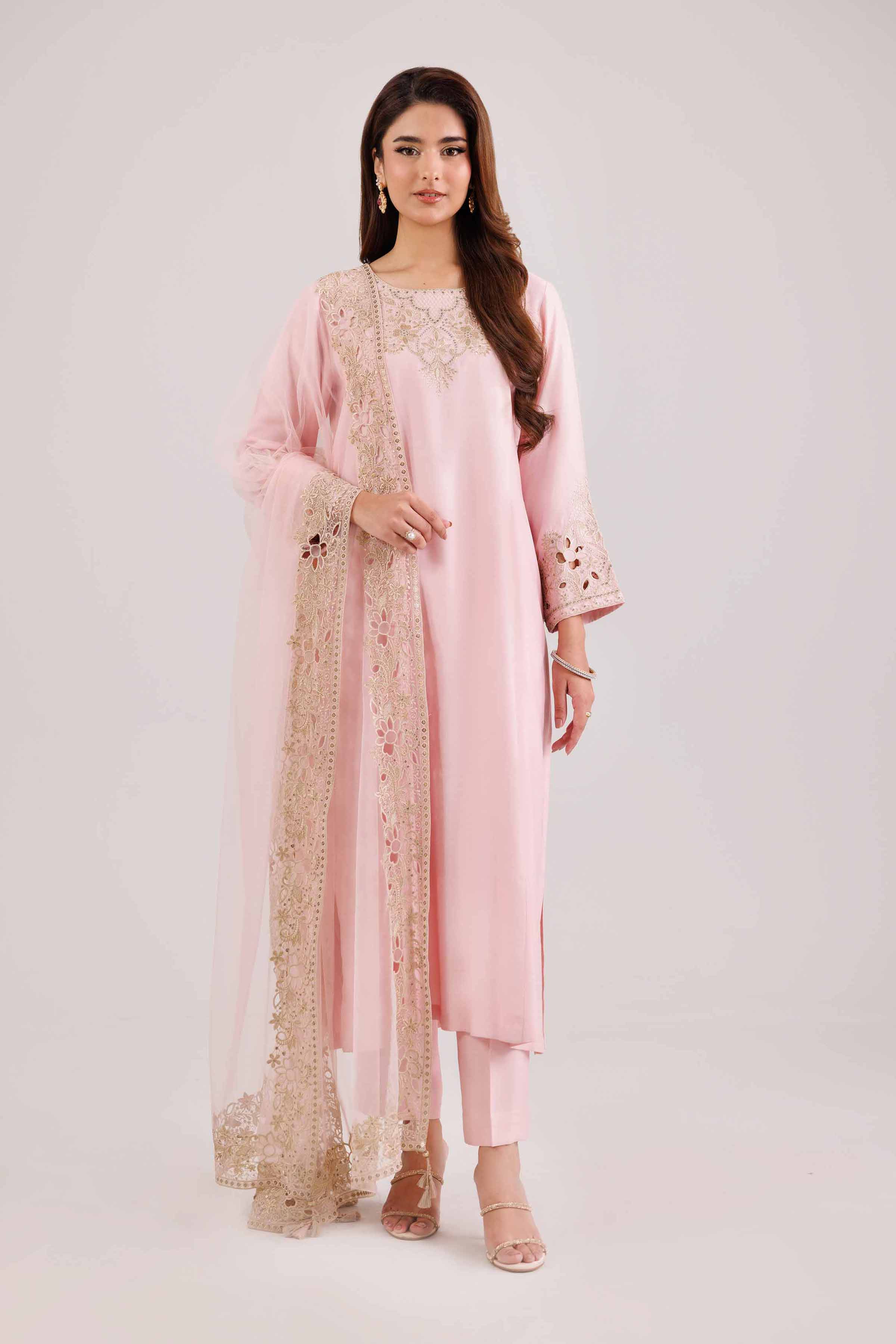 3 Piece - Embroidered Suit - KFW25-87 READY TO WEAR - LUXURY Pink Silk 3PC Embroidered
