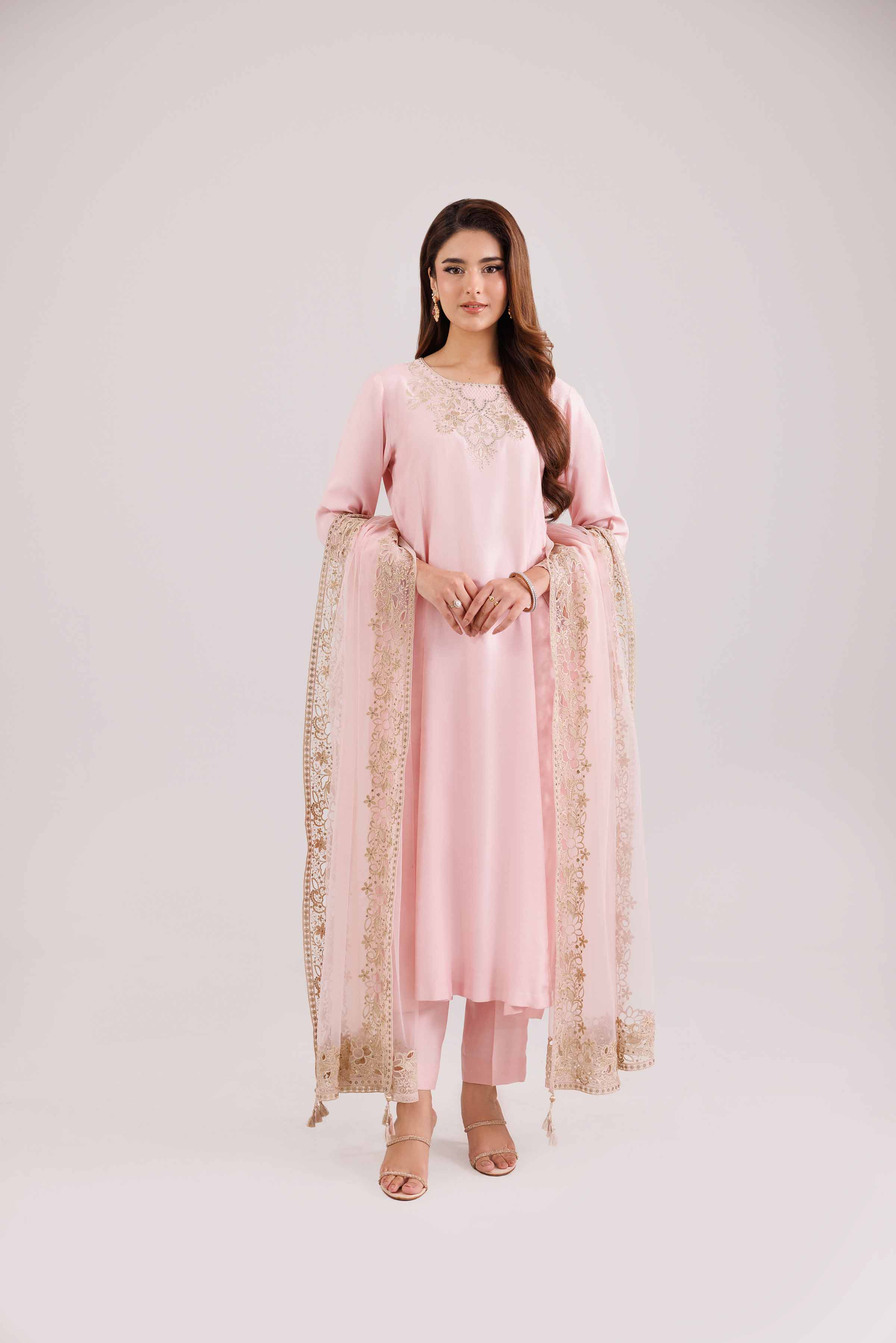 3 Piece - Embroidered Suit - KFW25-87 READY TO WEAR - LUXURY Pink Silk 3PC Embroidered