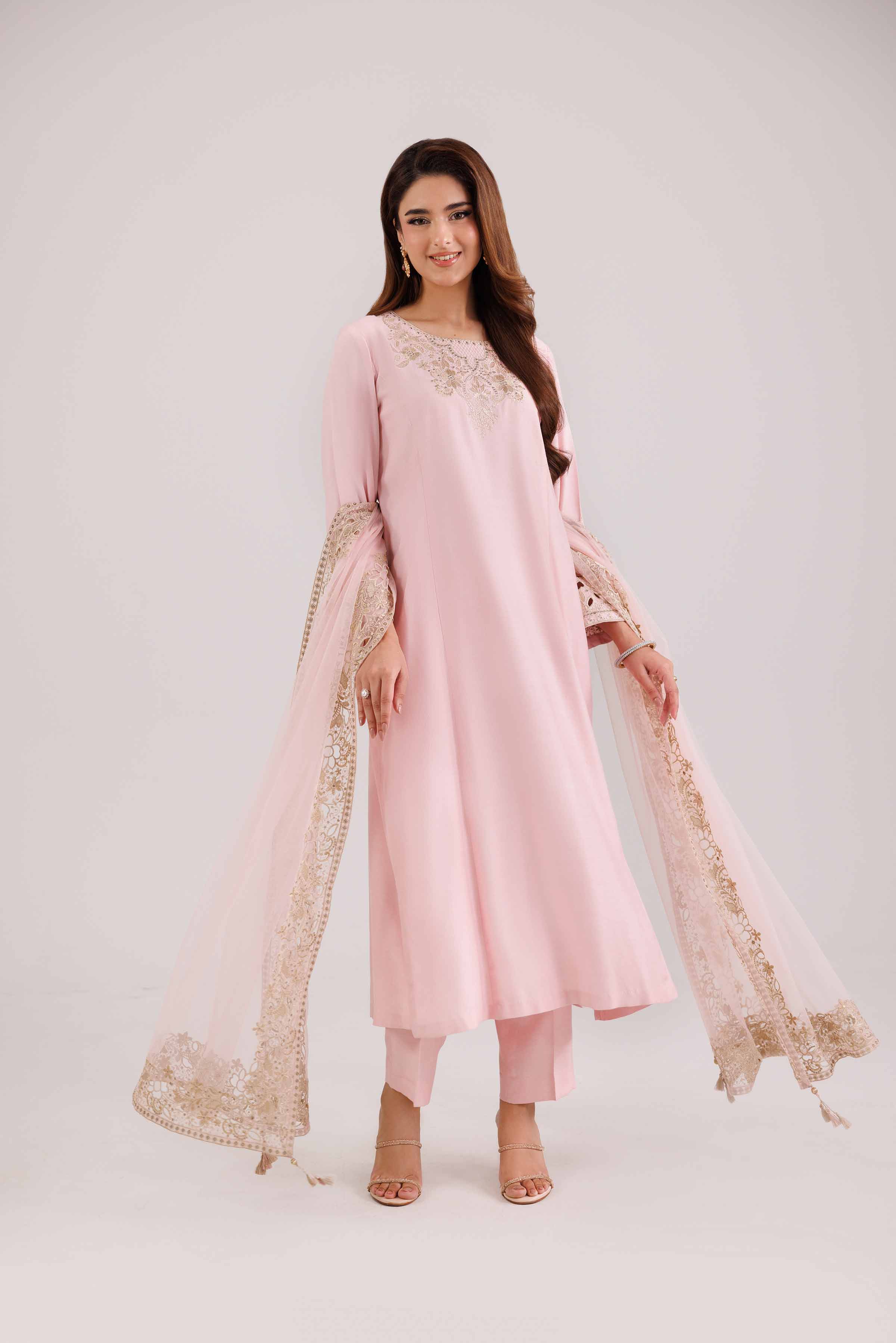 3 Piece - Embroidered Suit - KFW25-87 READY TO WEAR - LUXURY Pink Silk 3PC Embroidered