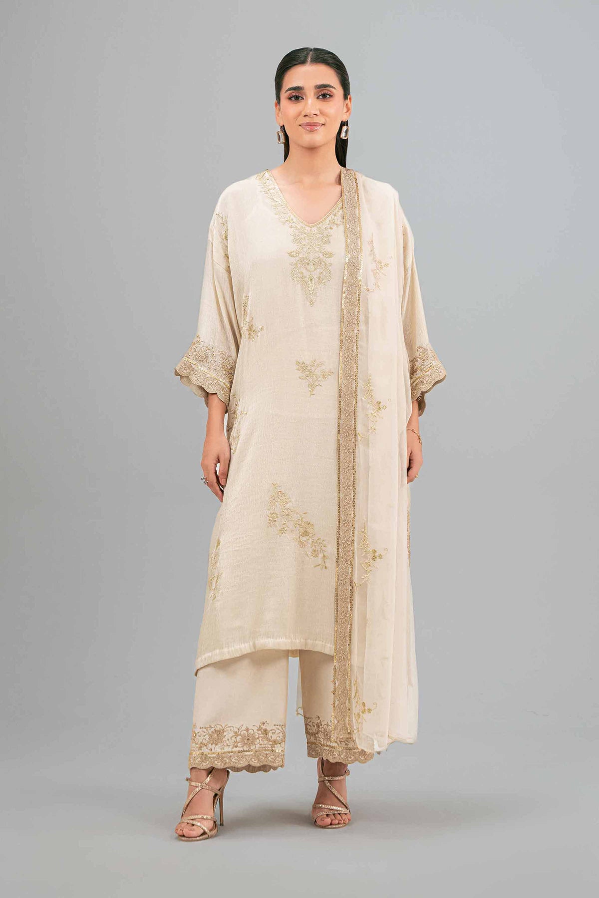 3 Piece - Embroidered Suit - KFW25-90 Beige Silk 3PC Embroidered Nishat Australia