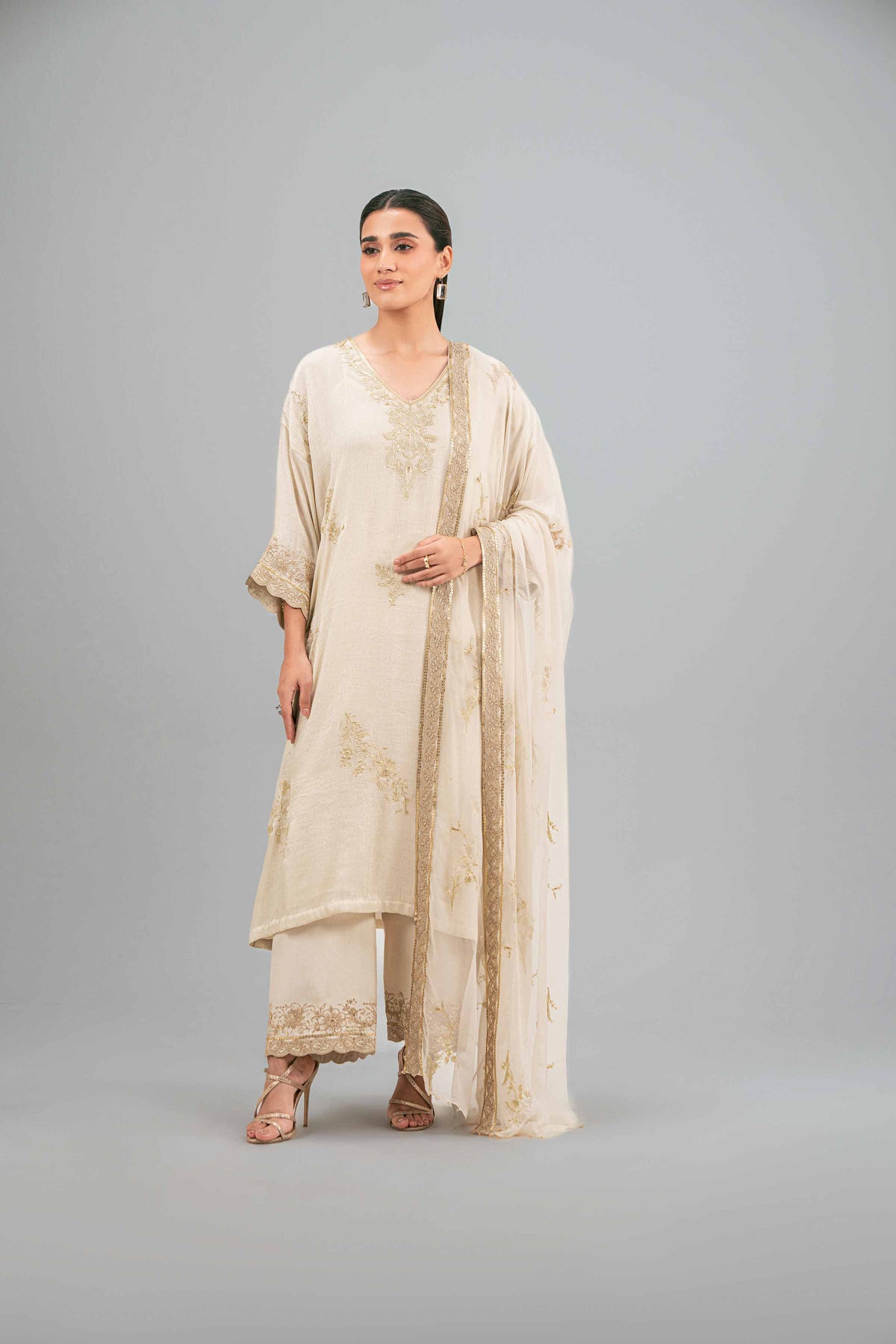 3 Piece - Embroidered Suit - KFW25-90 Beige Silk 3PC Embroidered Nishat Australia