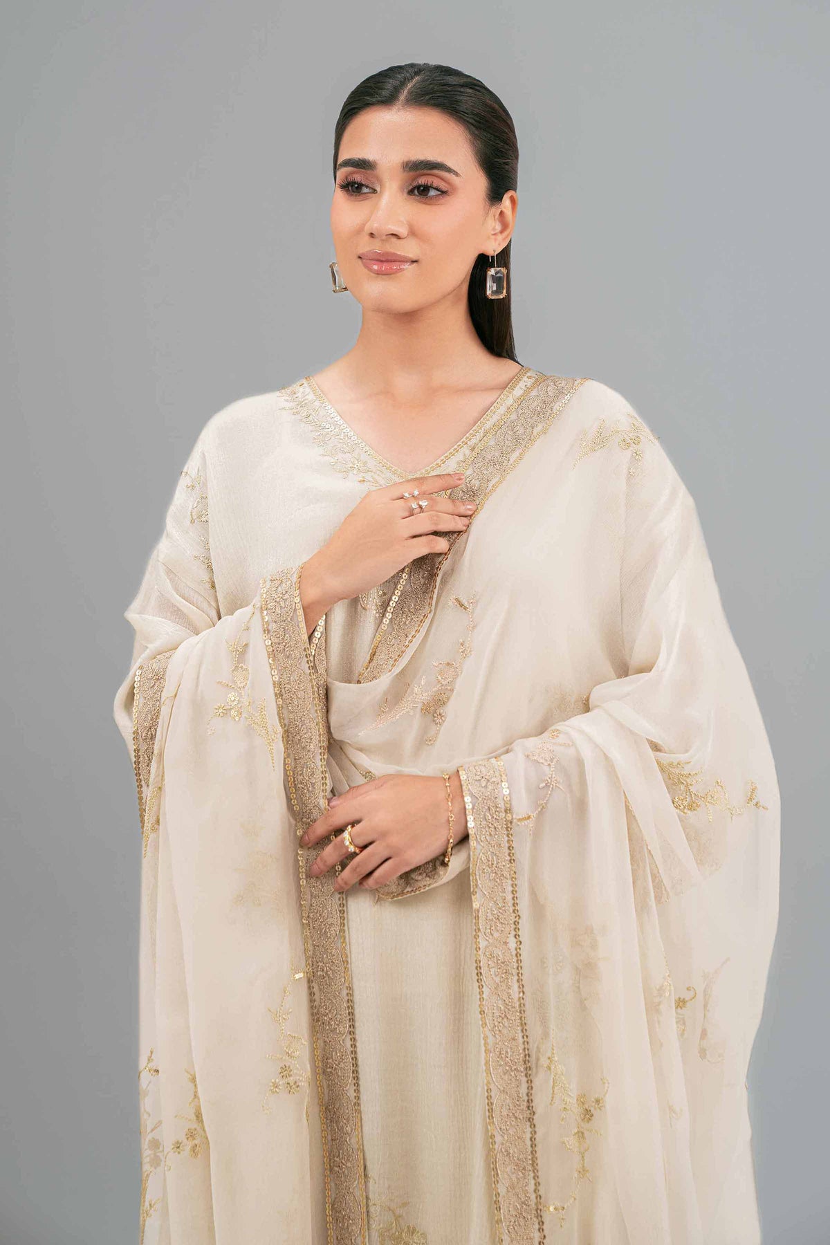 3 Piece - Embroidered Suit - KFW25-90 Beige Silk 3PC Embroidered Nishat Australia