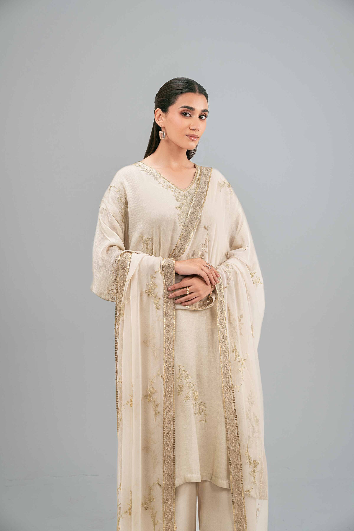 3 Piece - Embroidered Suit - KFW25-90 Beige Silk 3PC Embroidered Nishat Australia