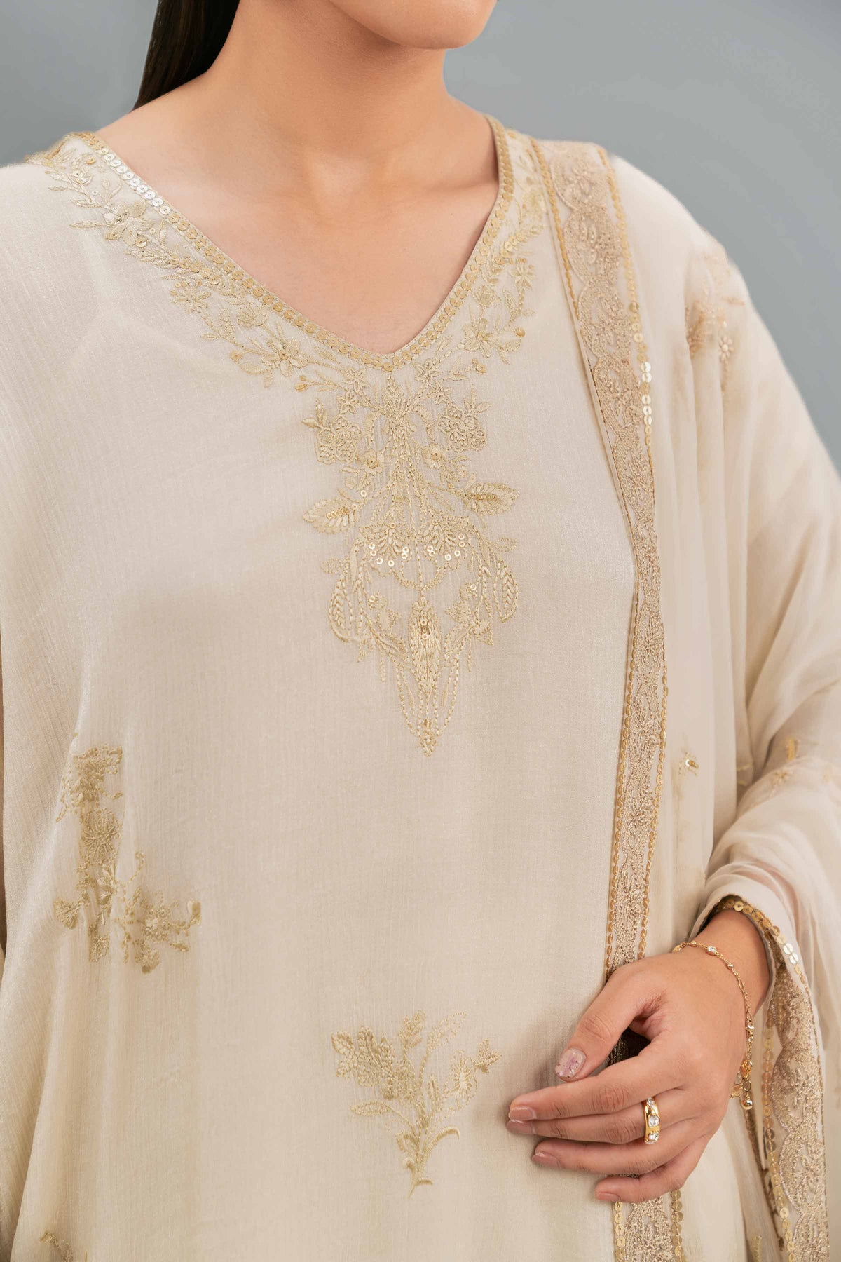 3 Piece - Embroidered Suit - KFW25-90 Beige Silk 3PC Embroidered Nishat Australia