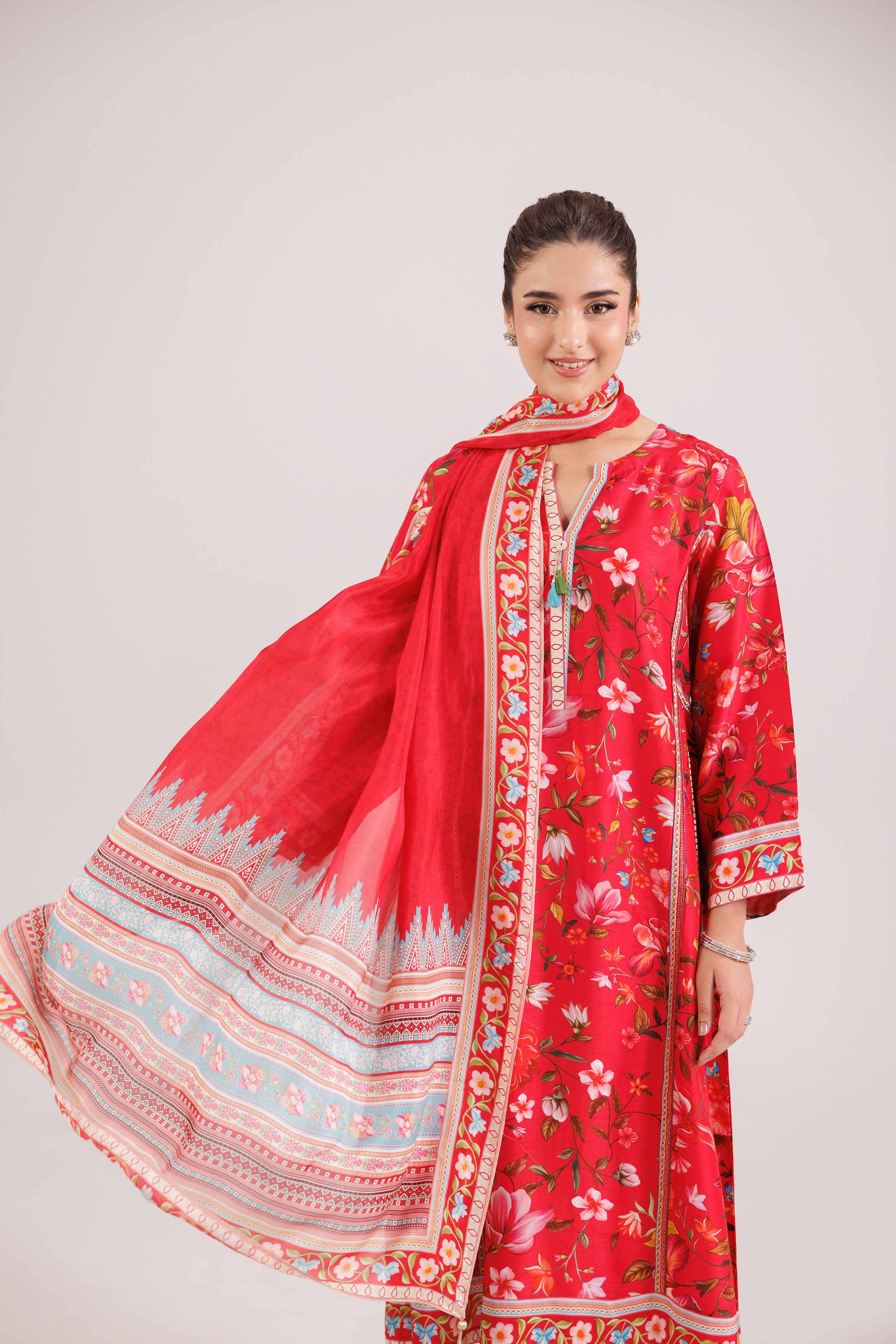 3 Piece - Printed Suit - KFW25-91 READY TO WEAR - LUXURY Pink Silk 3PC Printed