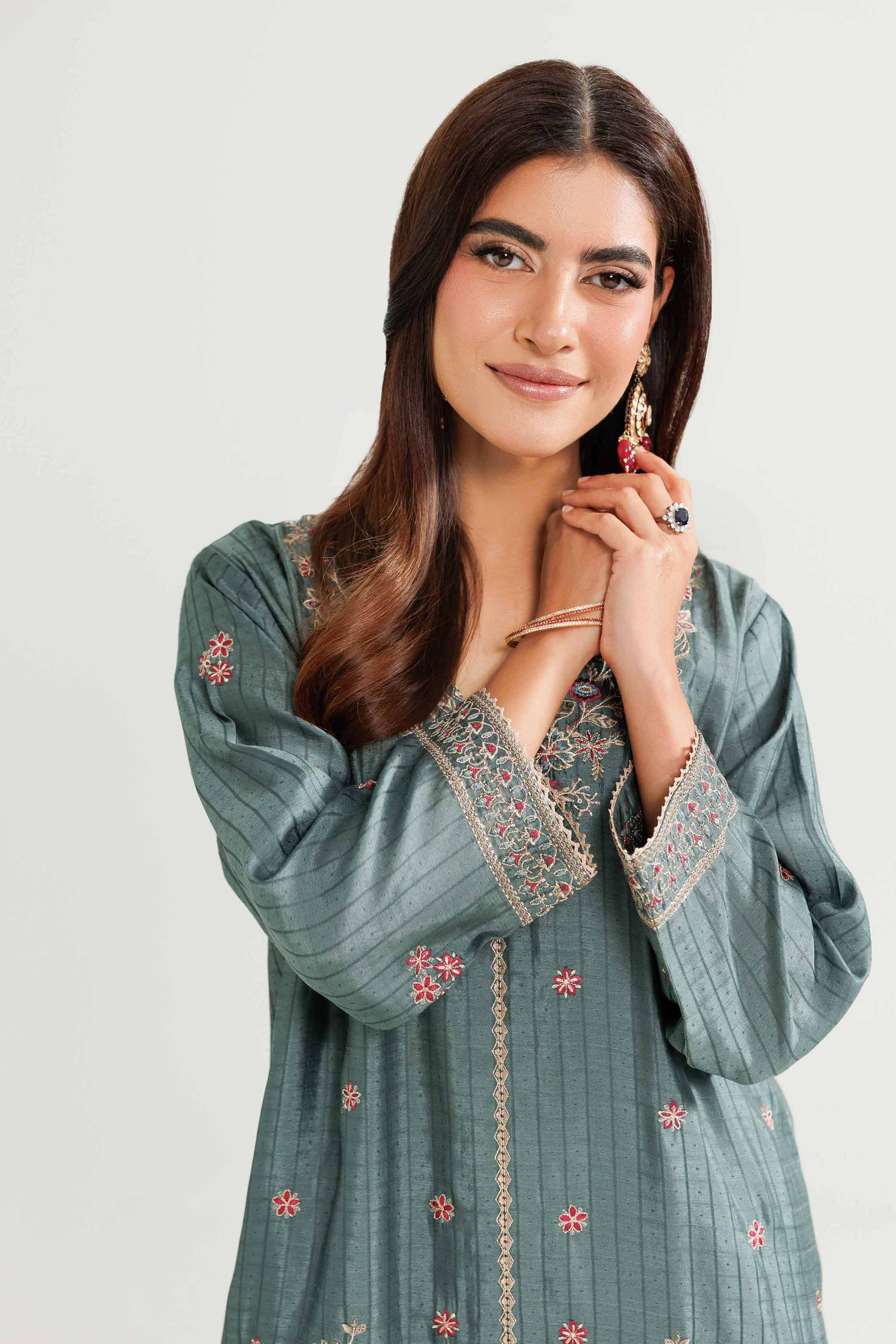 2 Piece - Embroidered Suit - KFW25-93 READY TO WEAR - LUXURY Grey Chiffon 2PC Embroidered