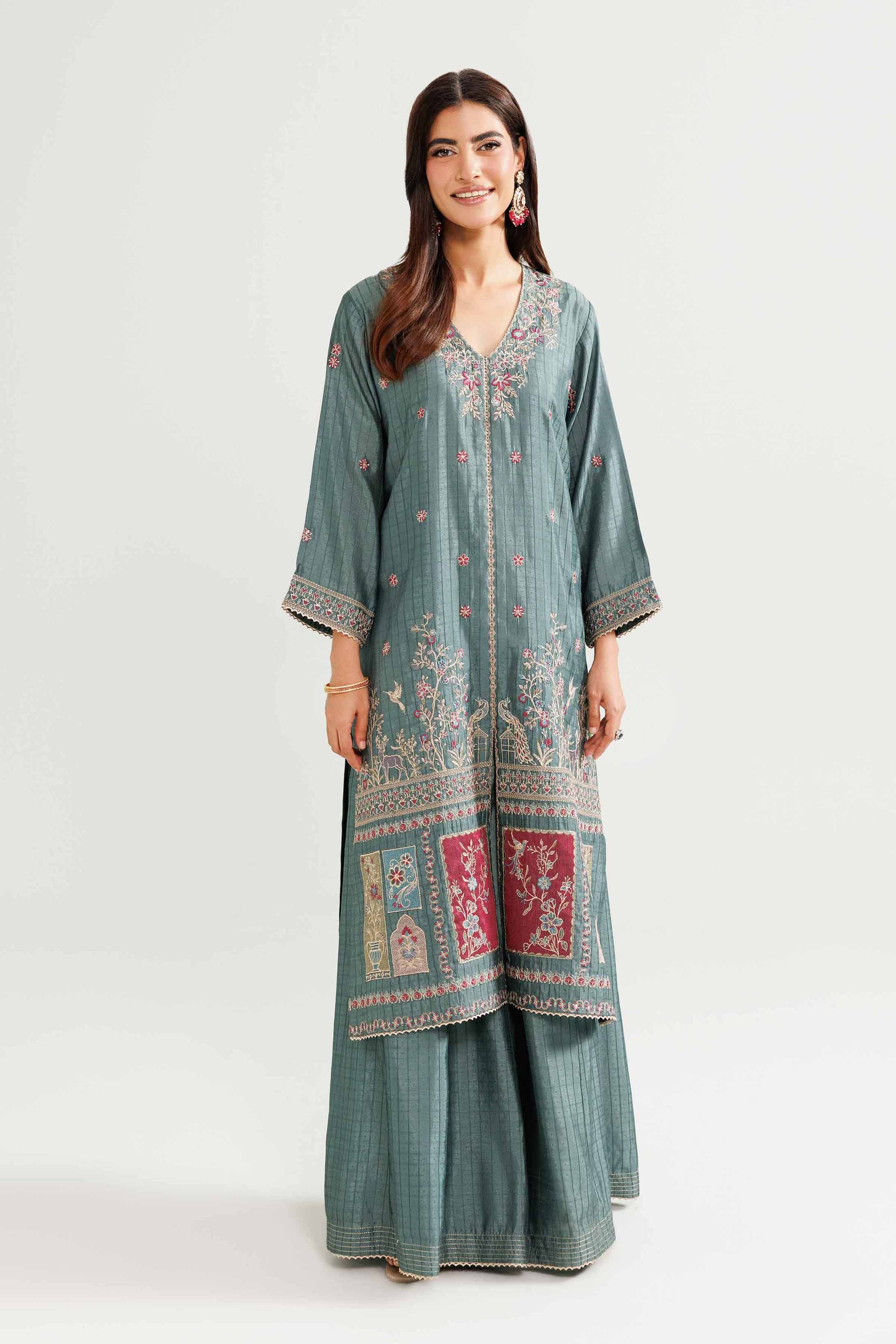 2 Piece - Embroidered Suit - KFW25-93 READY TO WEAR - LUXURY Grey Chiffon 2PC Embroidered