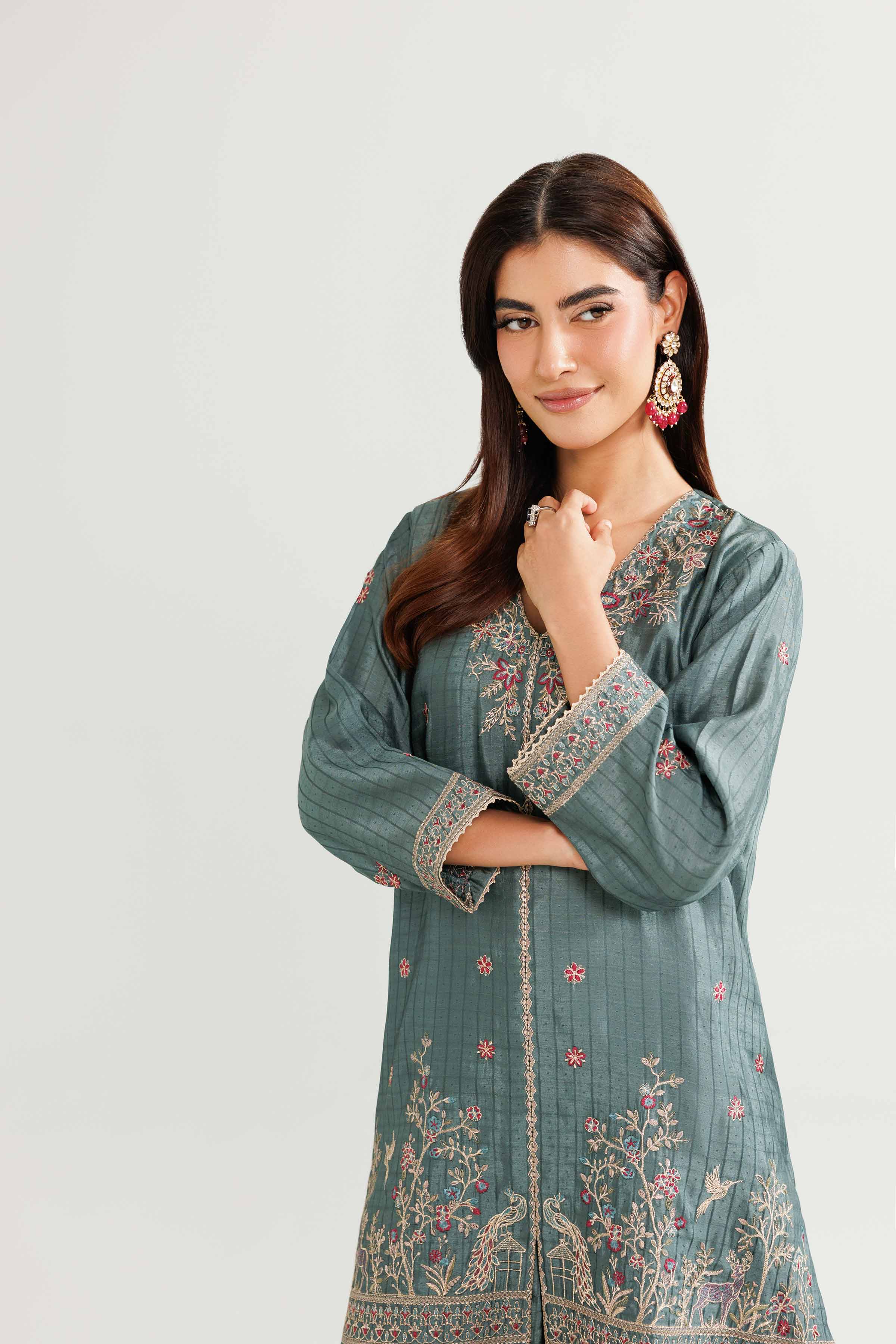 2 Piece - Embroidered Suit - KFW25-93 READY TO WEAR - LUXURY Grey Chiffon 2PC Embroidered