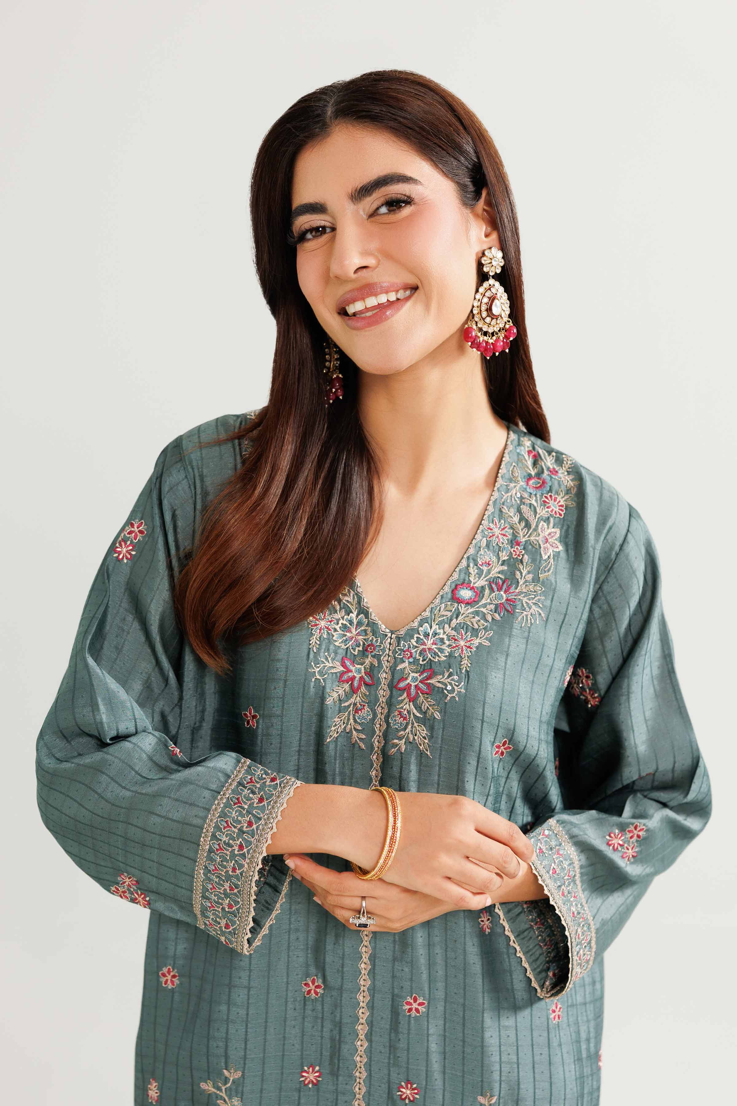 2 Piece - Embroidered Suit - KFW25-93 READY TO WEAR - LUXURY Grey Chiffon 2PC Embroidered