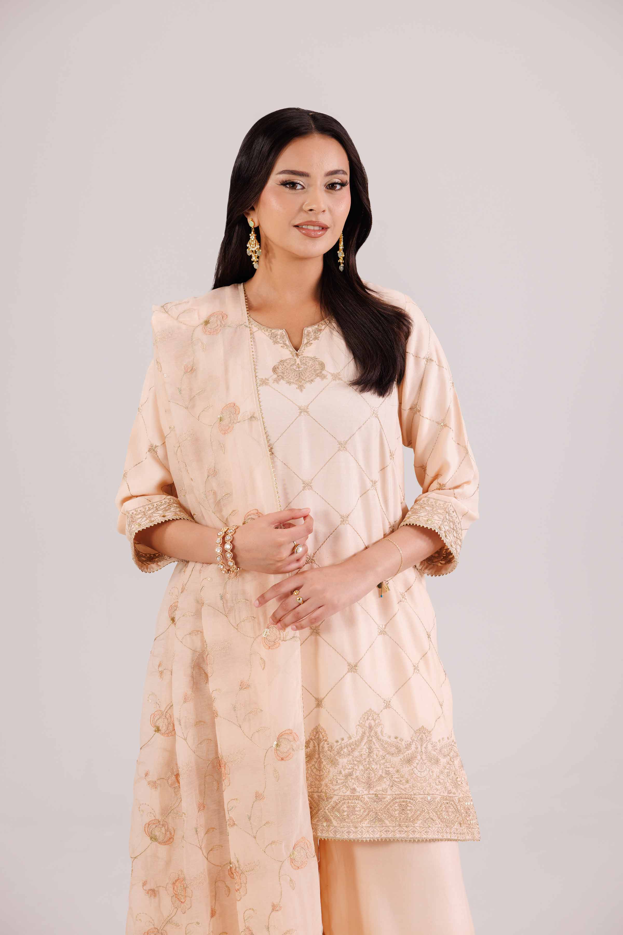 3 Piece - Embroidered Suit - KFW25-94 READY TO WEAR - LUXURY Orange Silk 3PC Embroidered