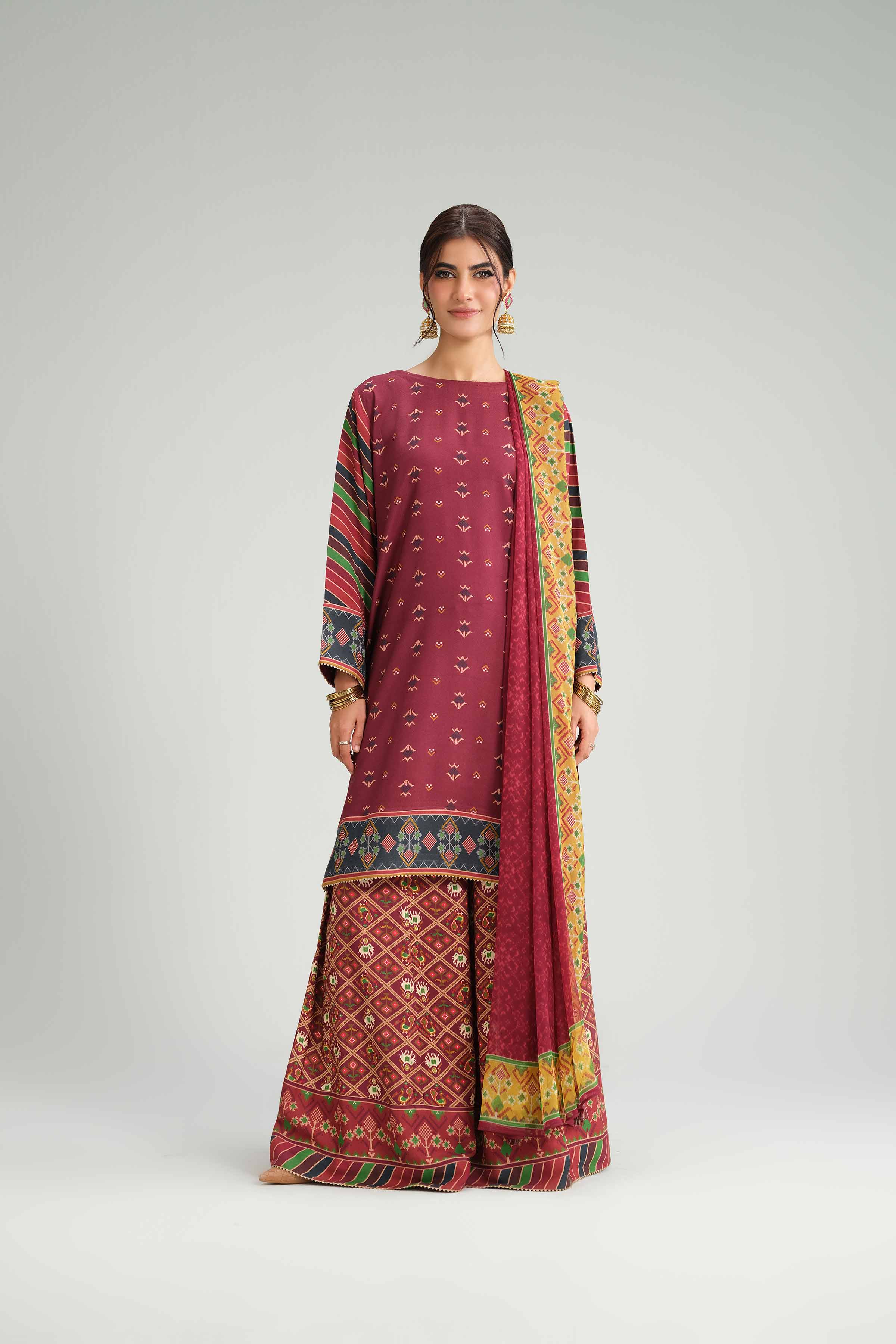 3 Piece - Printed Suit - KFW25-96 READY TO WEAR - LUXURY Red Silk 3PC Printed