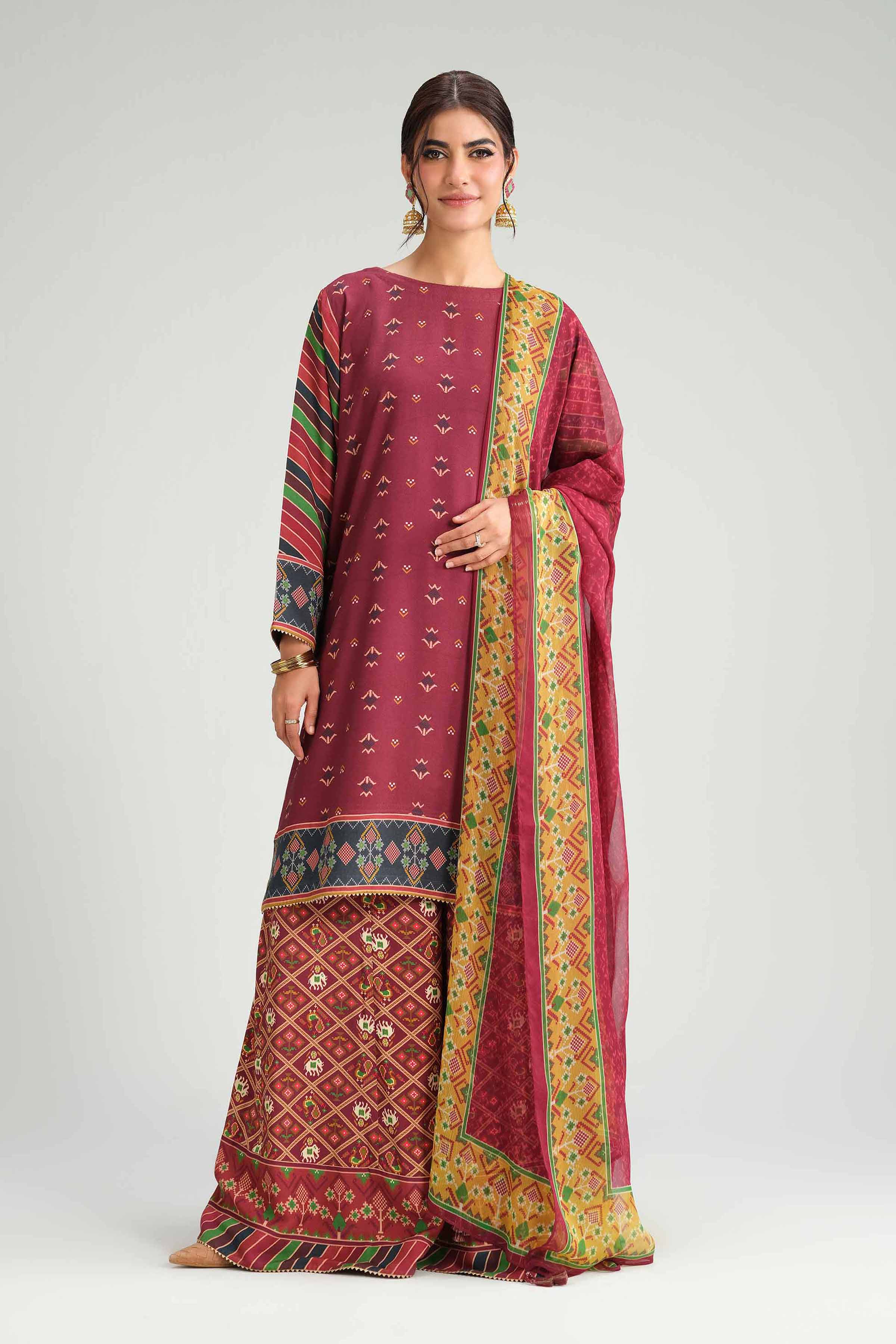 3 Piece - Printed Suit - KFW25-96 READY TO WEAR - LUXURY Red Silk 3PC Printed