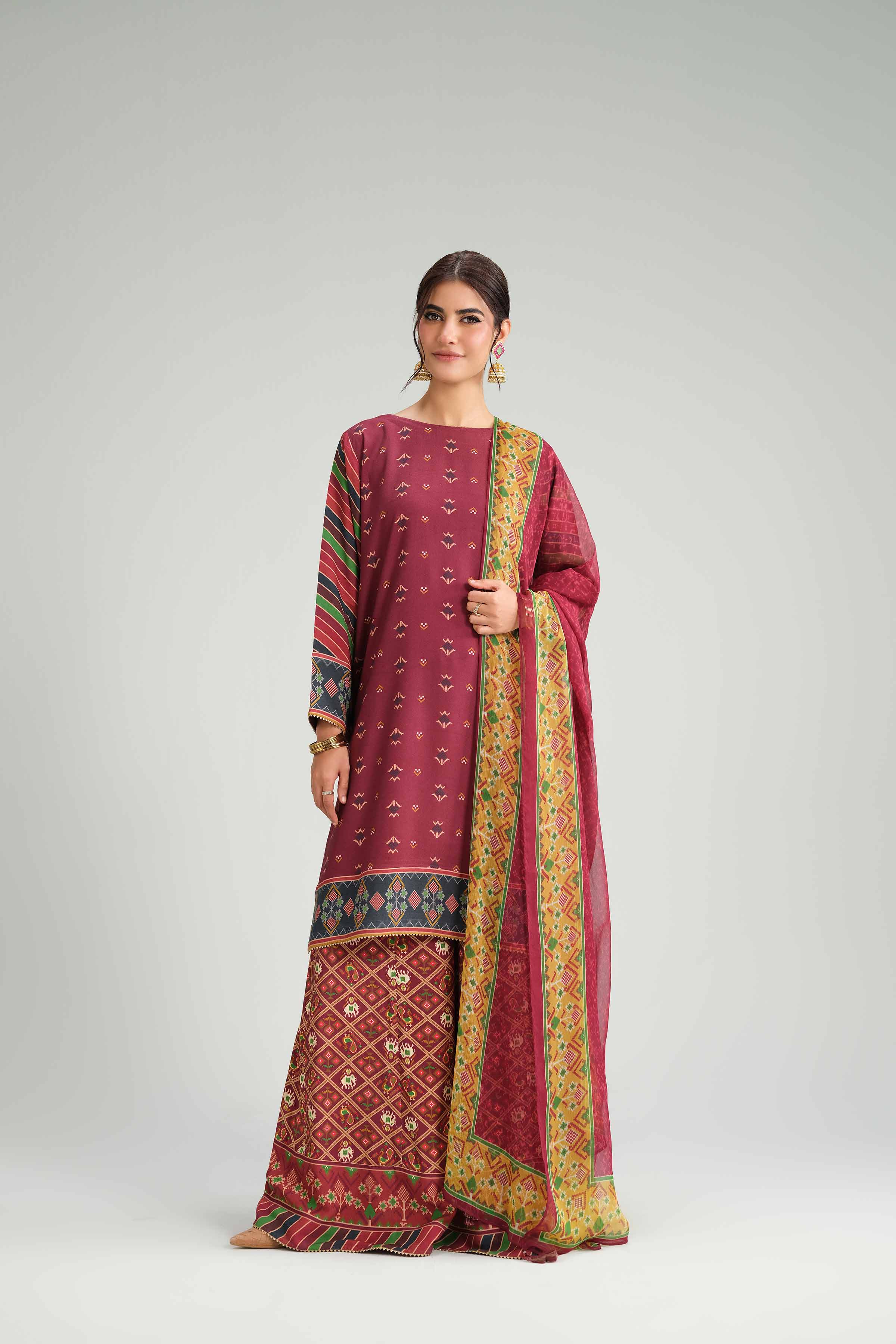 3 Piece - Printed Suit - KFW25-96 READY TO WEAR - LUXURY Red Silk 3PC Printed